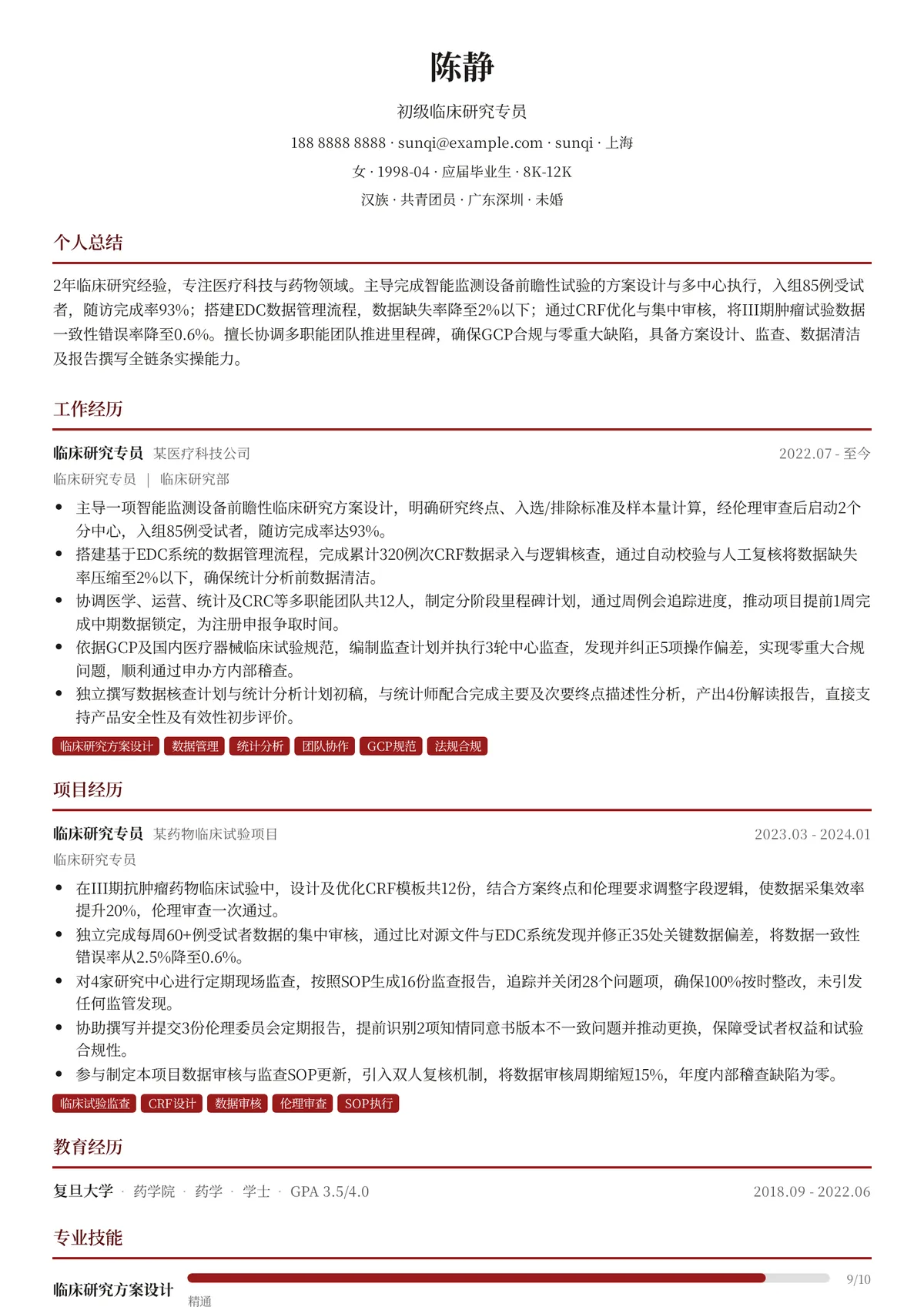 2026年最新初级临床研究专员简历模板