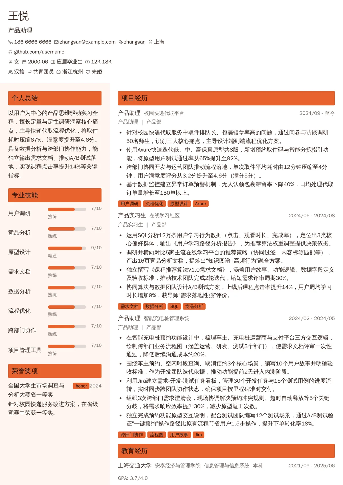 2026年最新产品助理简历模板