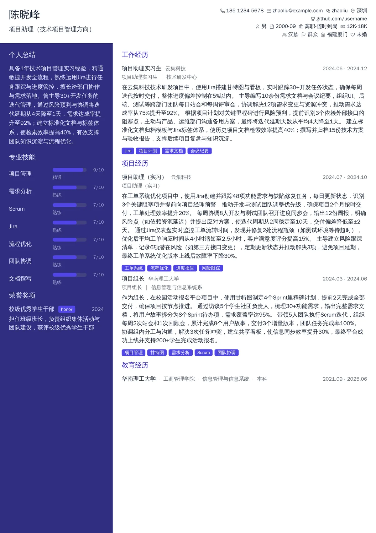 2026年最新项目助理（技术项目管理方向）简历模板