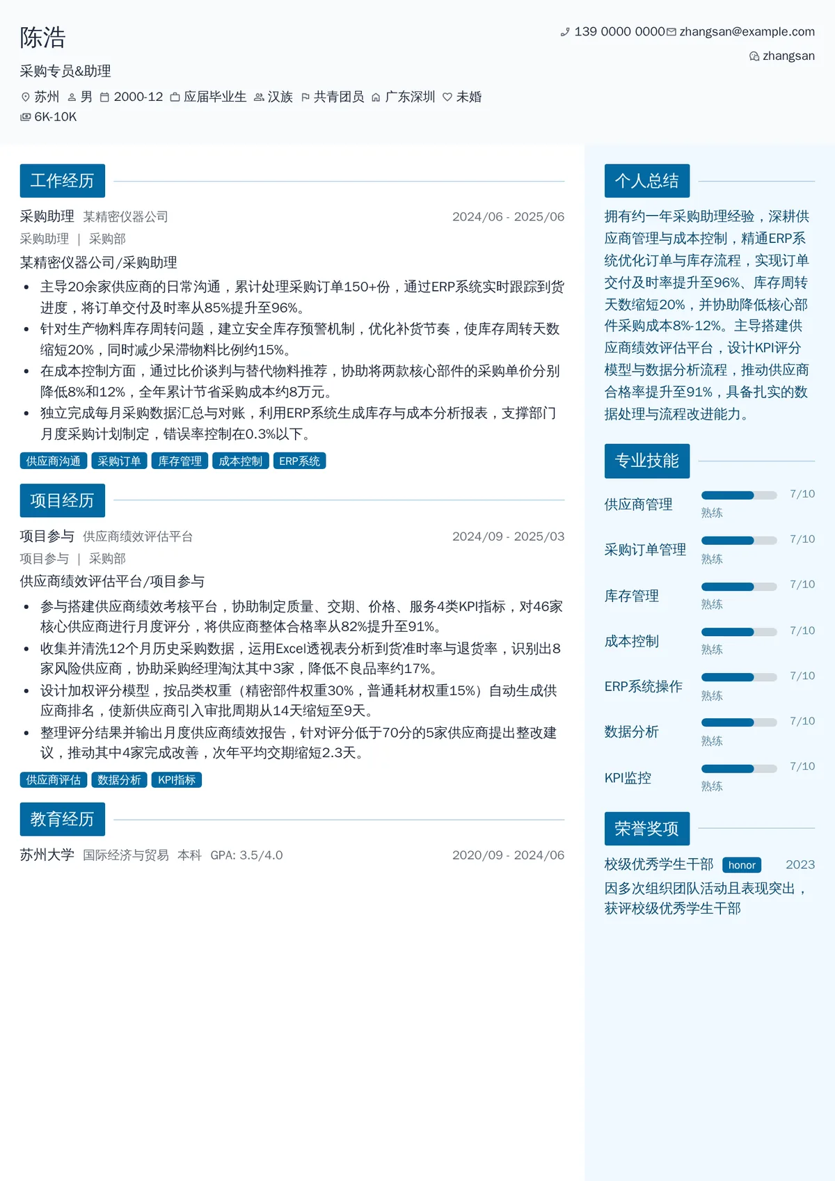 2026年最新采购专员&助理简历模板