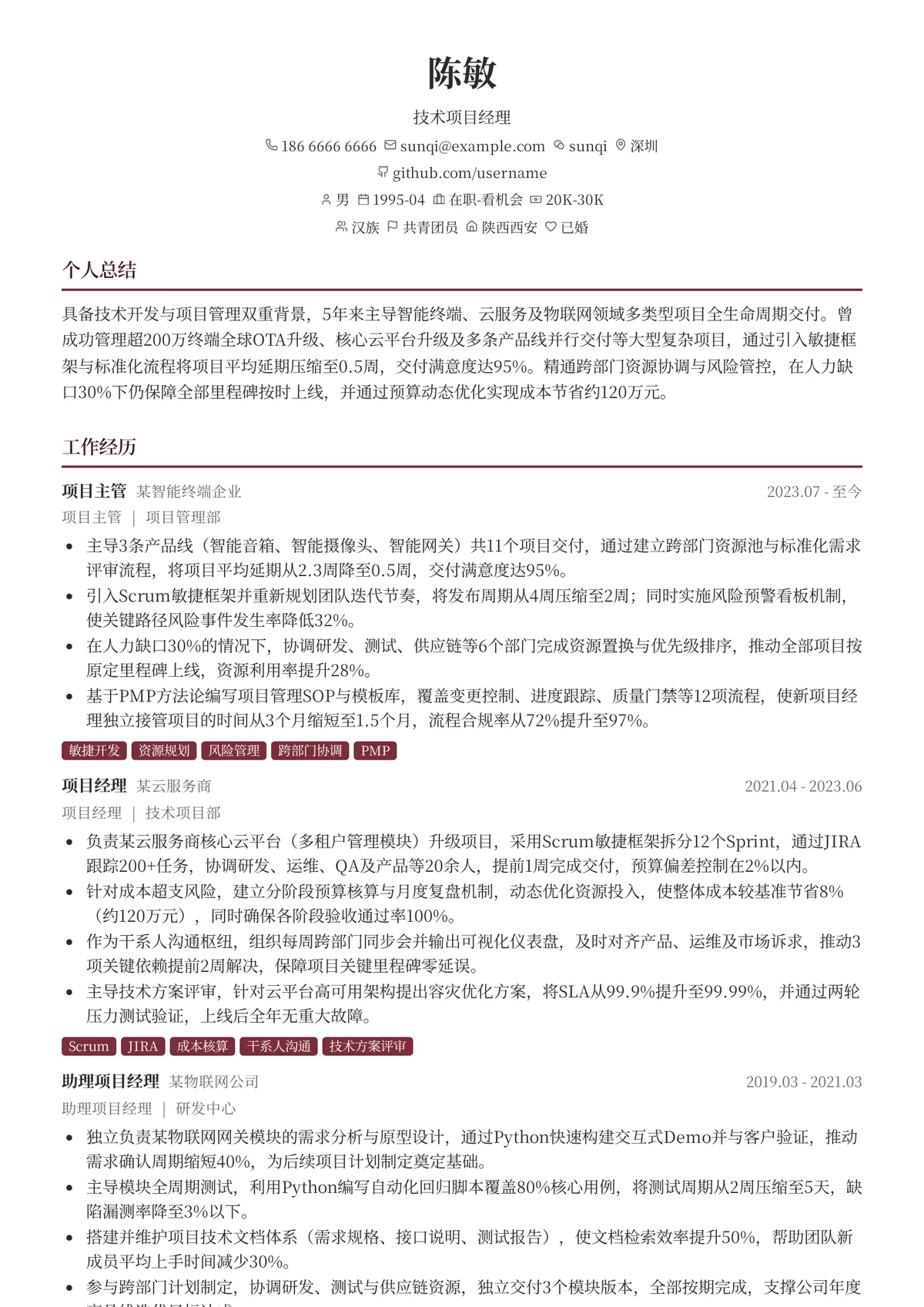 2026年最新技术项目经理简历模板