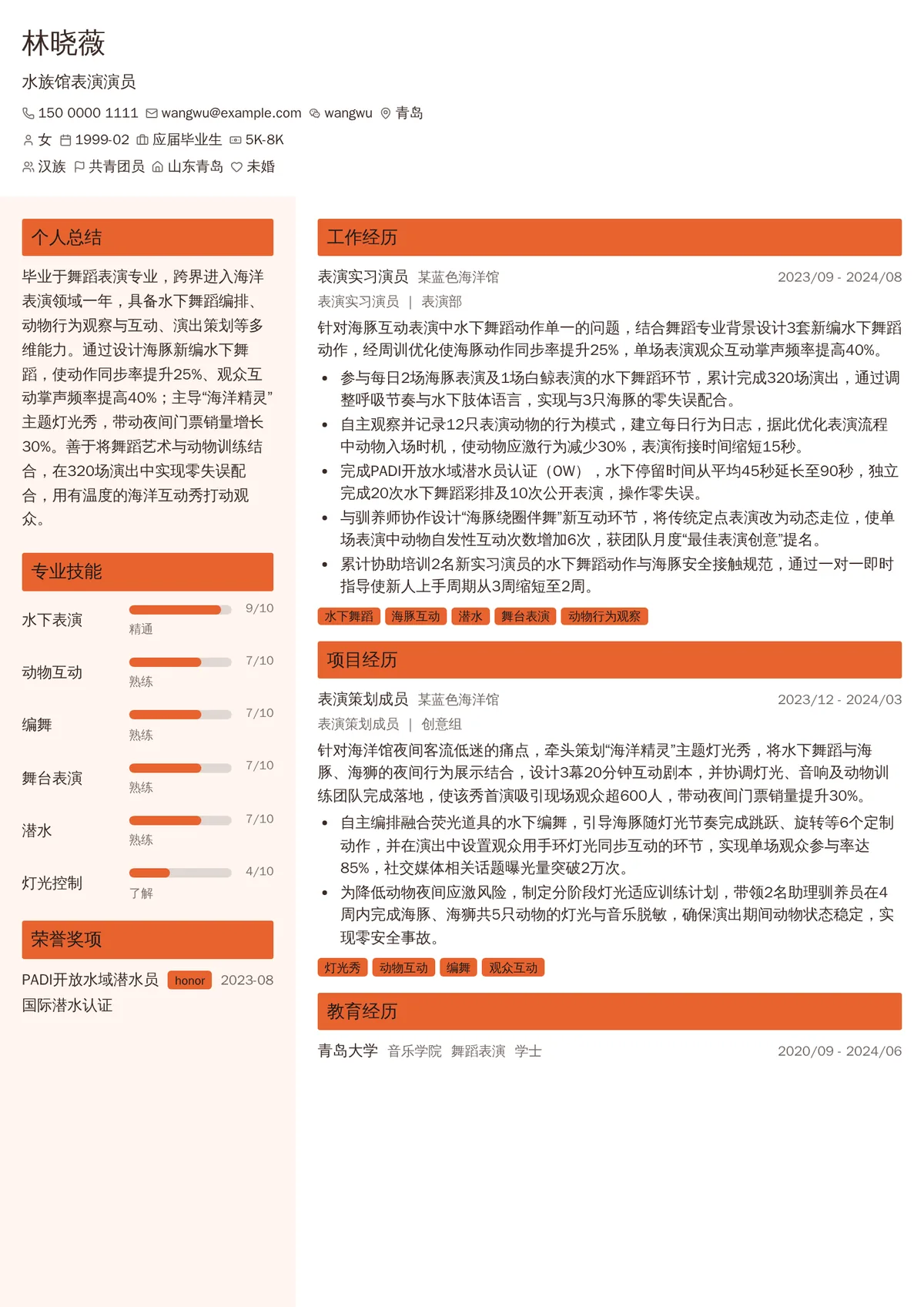 2026年最新初级水族馆表演演员简历模板