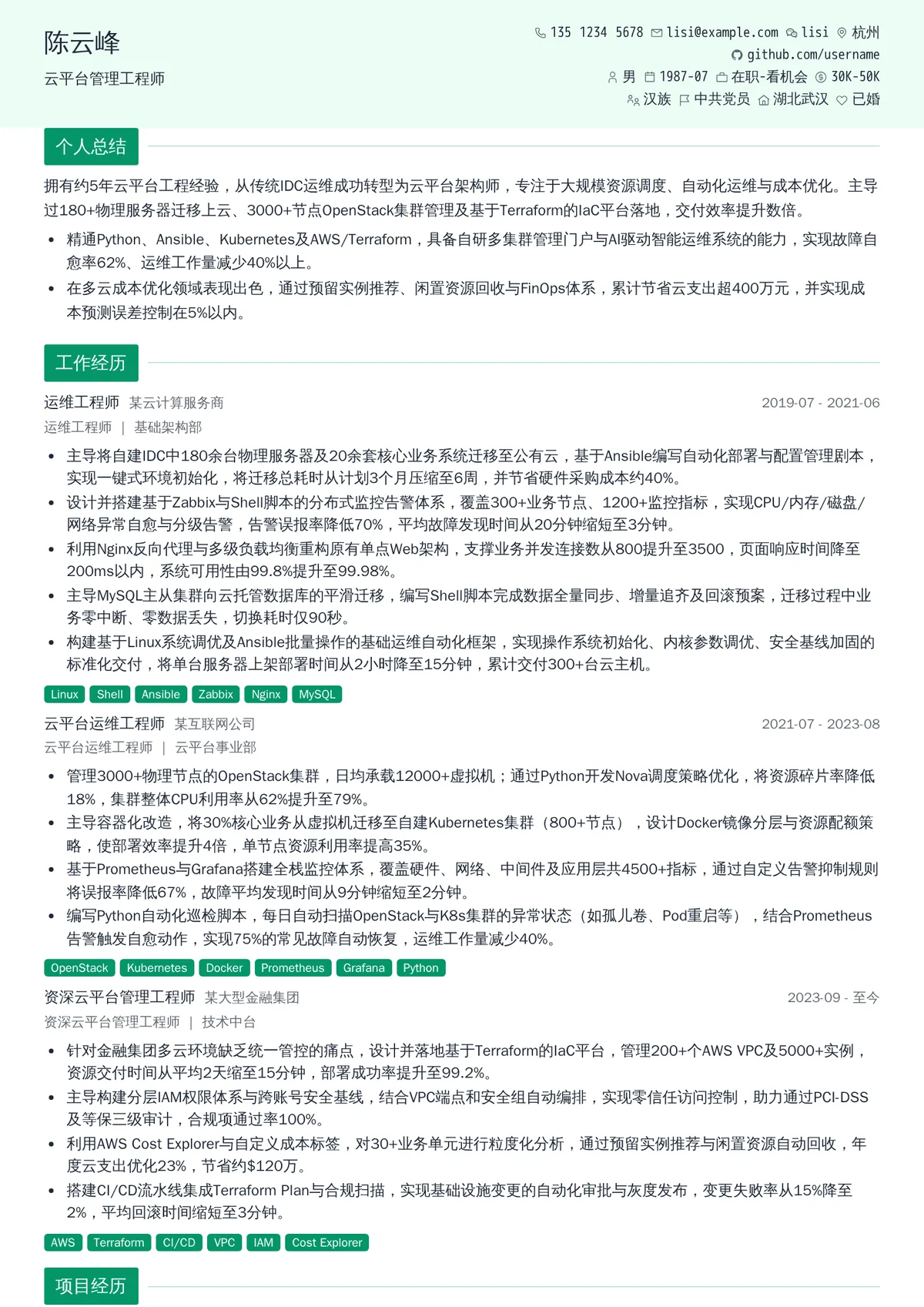 2026年最新资深云平台管理工程师简历模板
