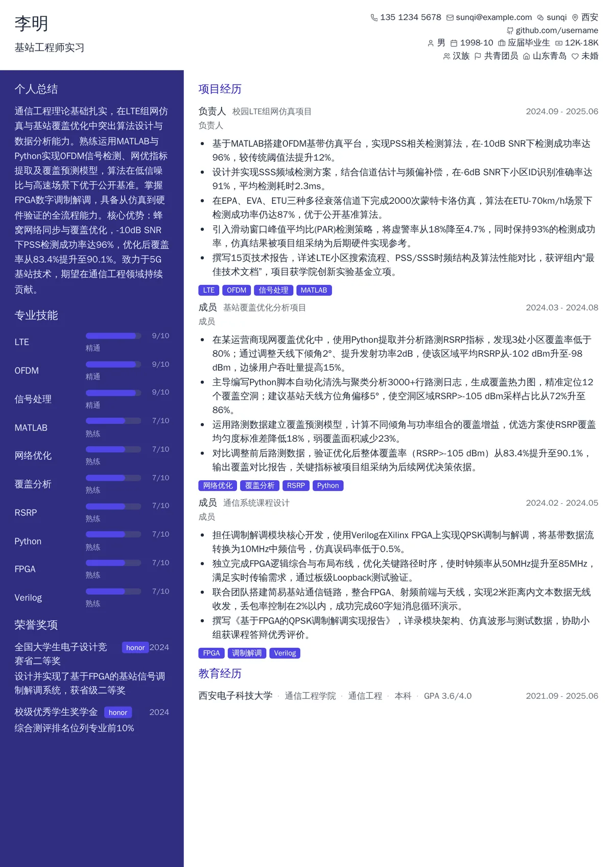 2026年最新基站工程师实习简历模板