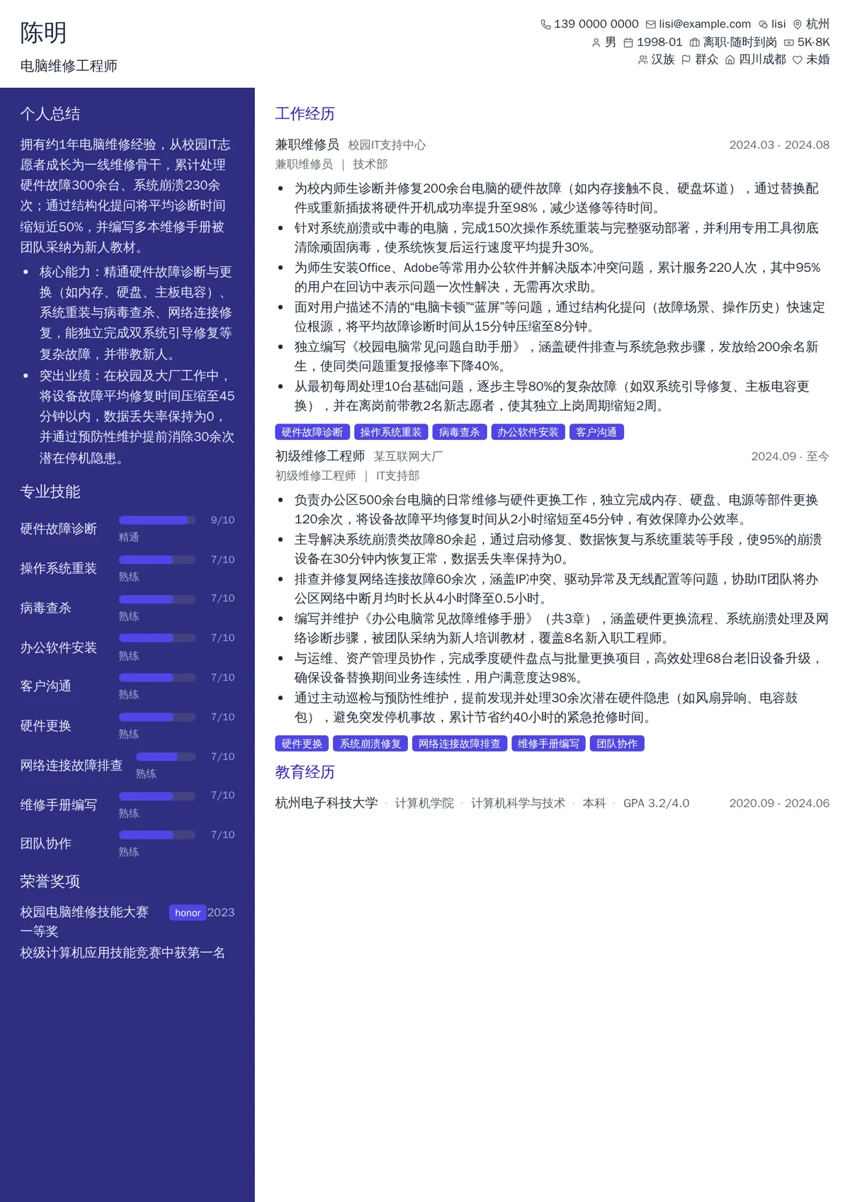 2026年最新初级电脑维修工程师简历模板