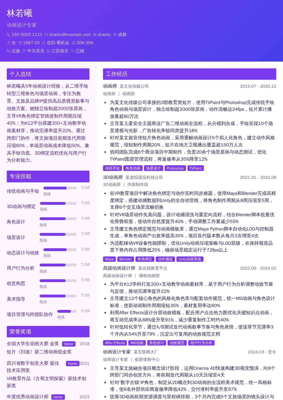 2026年最新动画设计专家简历模板