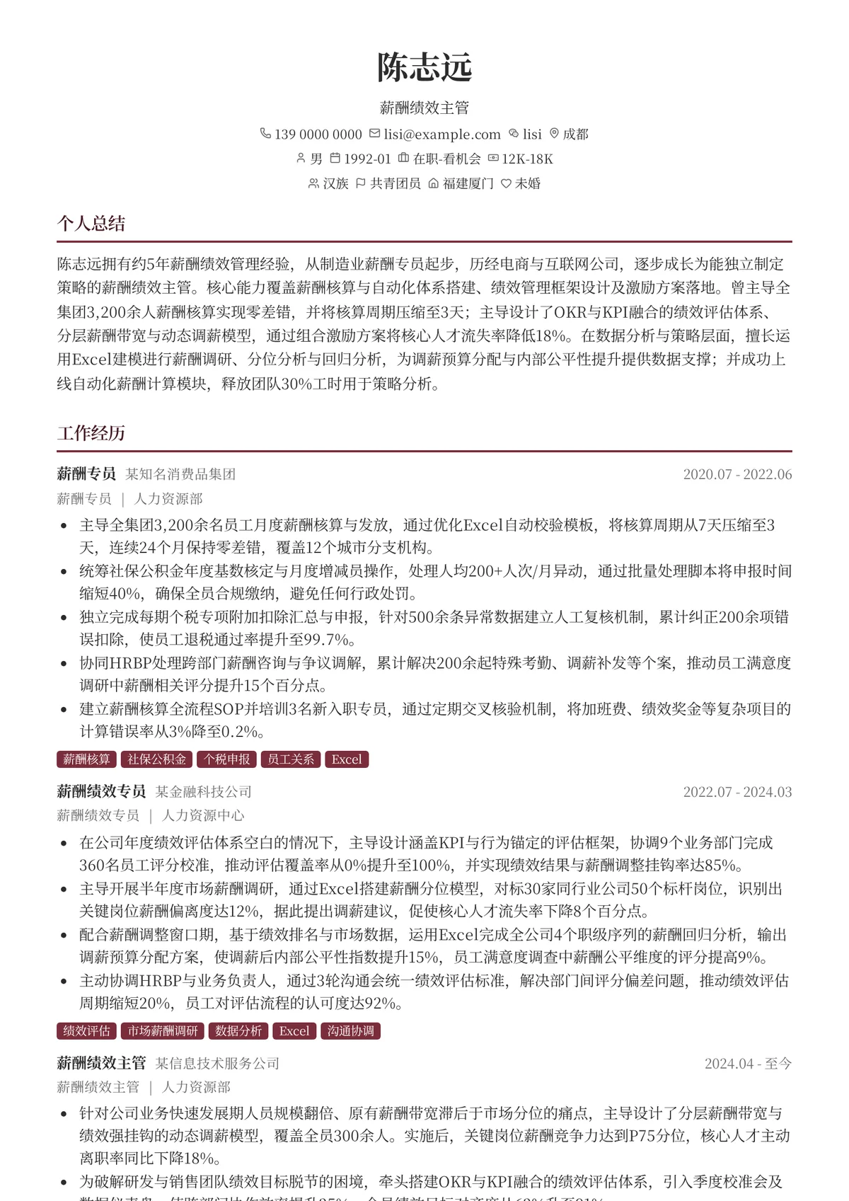 2026年最新薪酬绩效主管简历模板