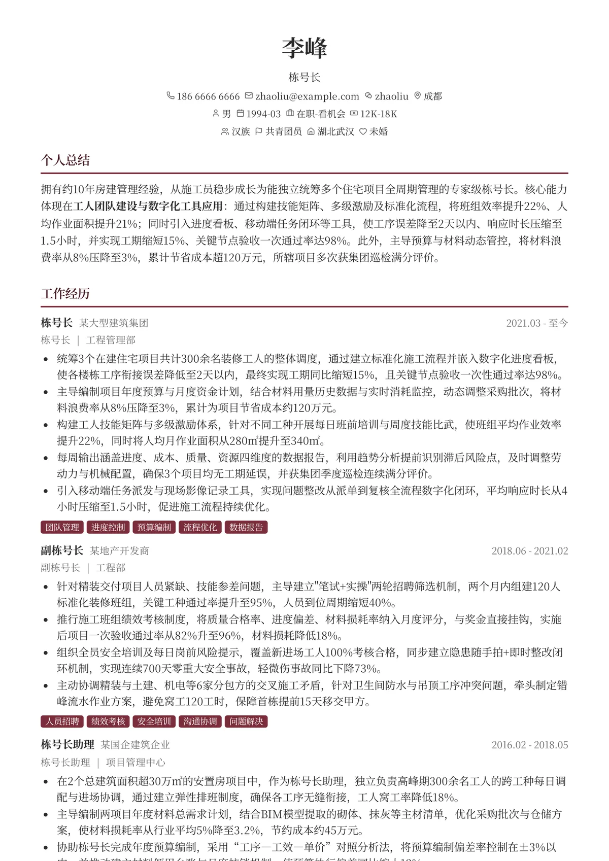 2026年最新栋号长简历模板