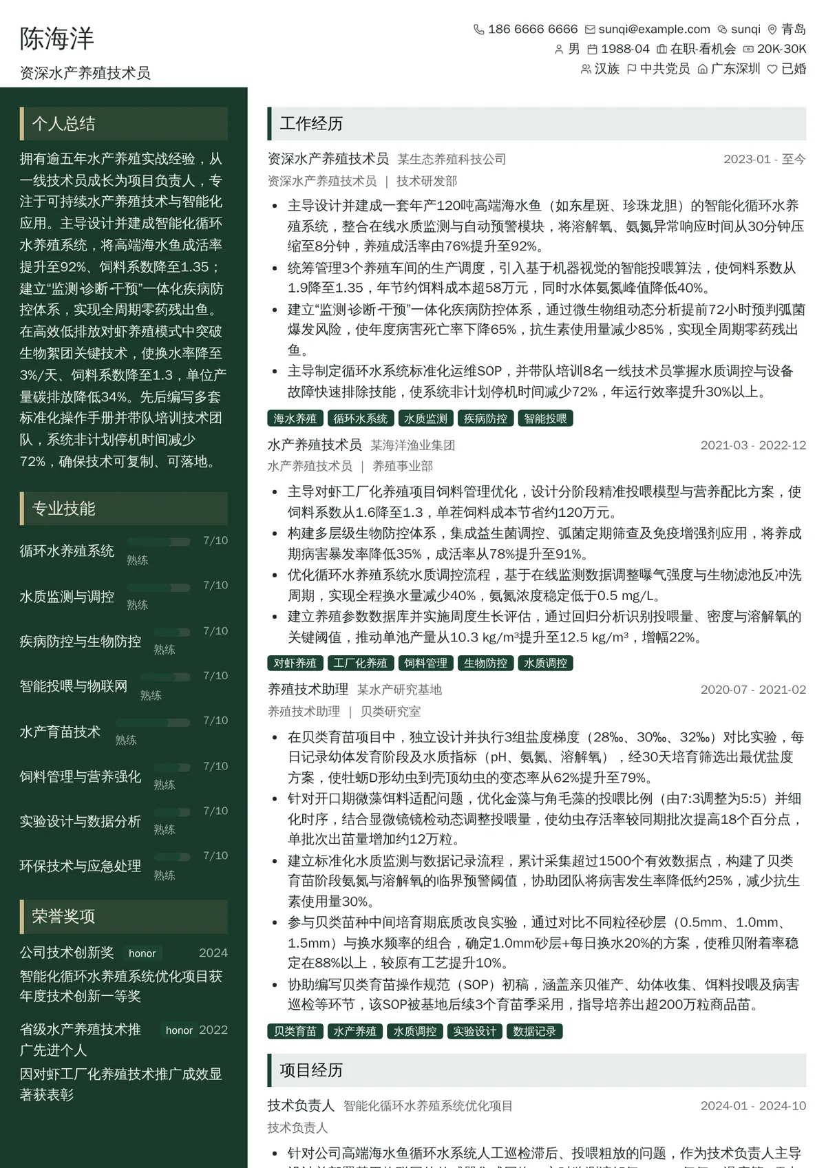 2026年最新资深水产养殖技术员简历模板