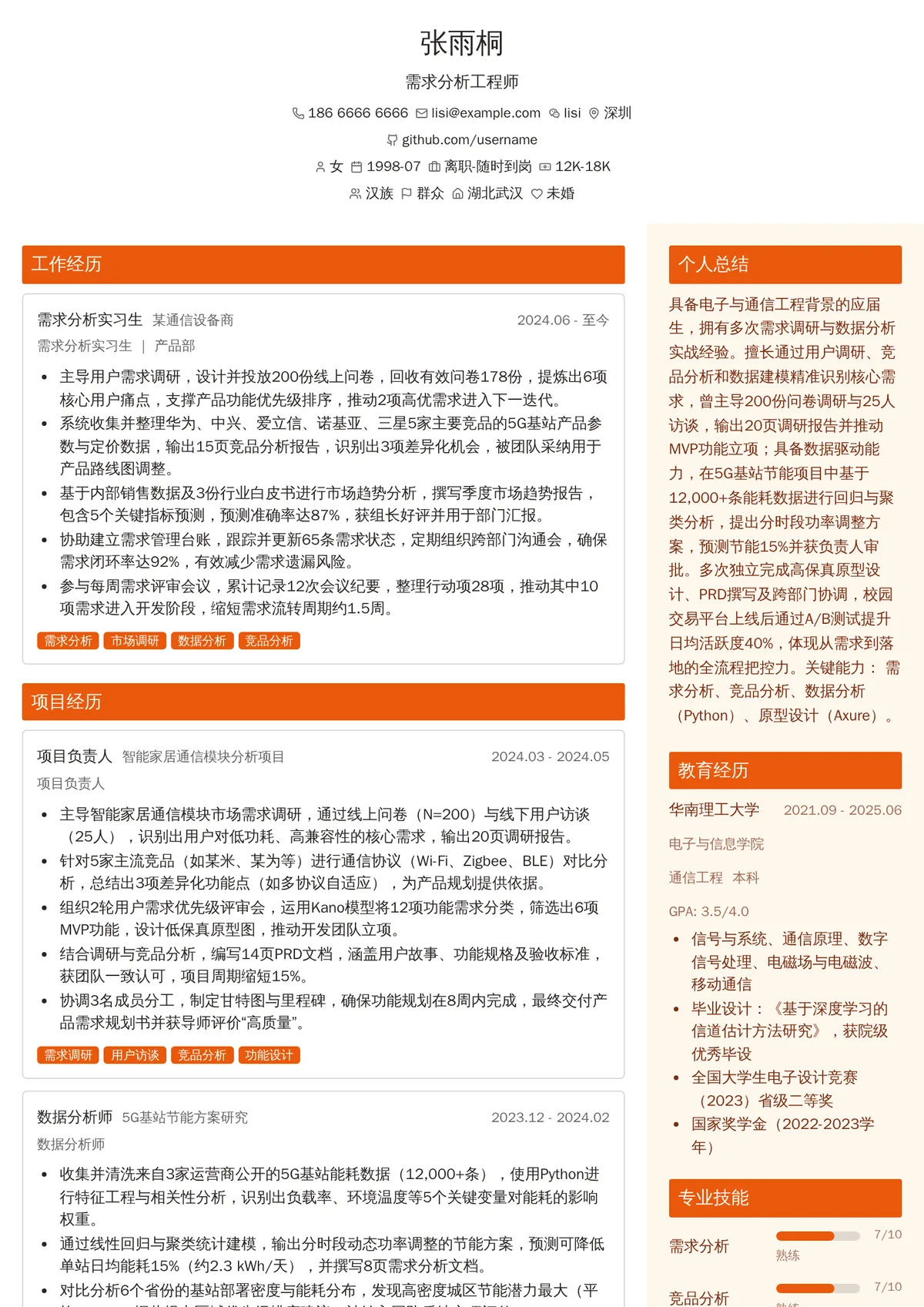 2026年最新实习需求分析工程师简历模板