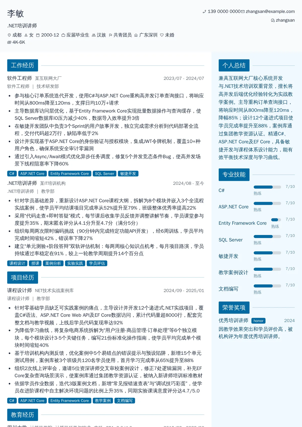 2026年最新初级.NET培训讲师简历模板