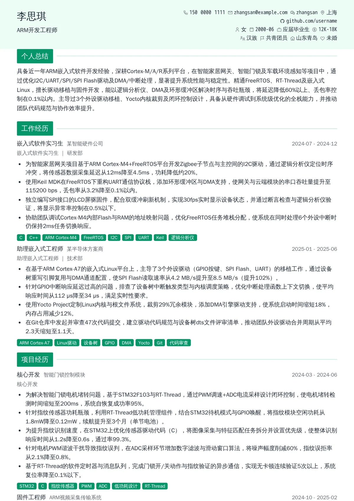 2026年最新初级ARM开发工程师简历模板