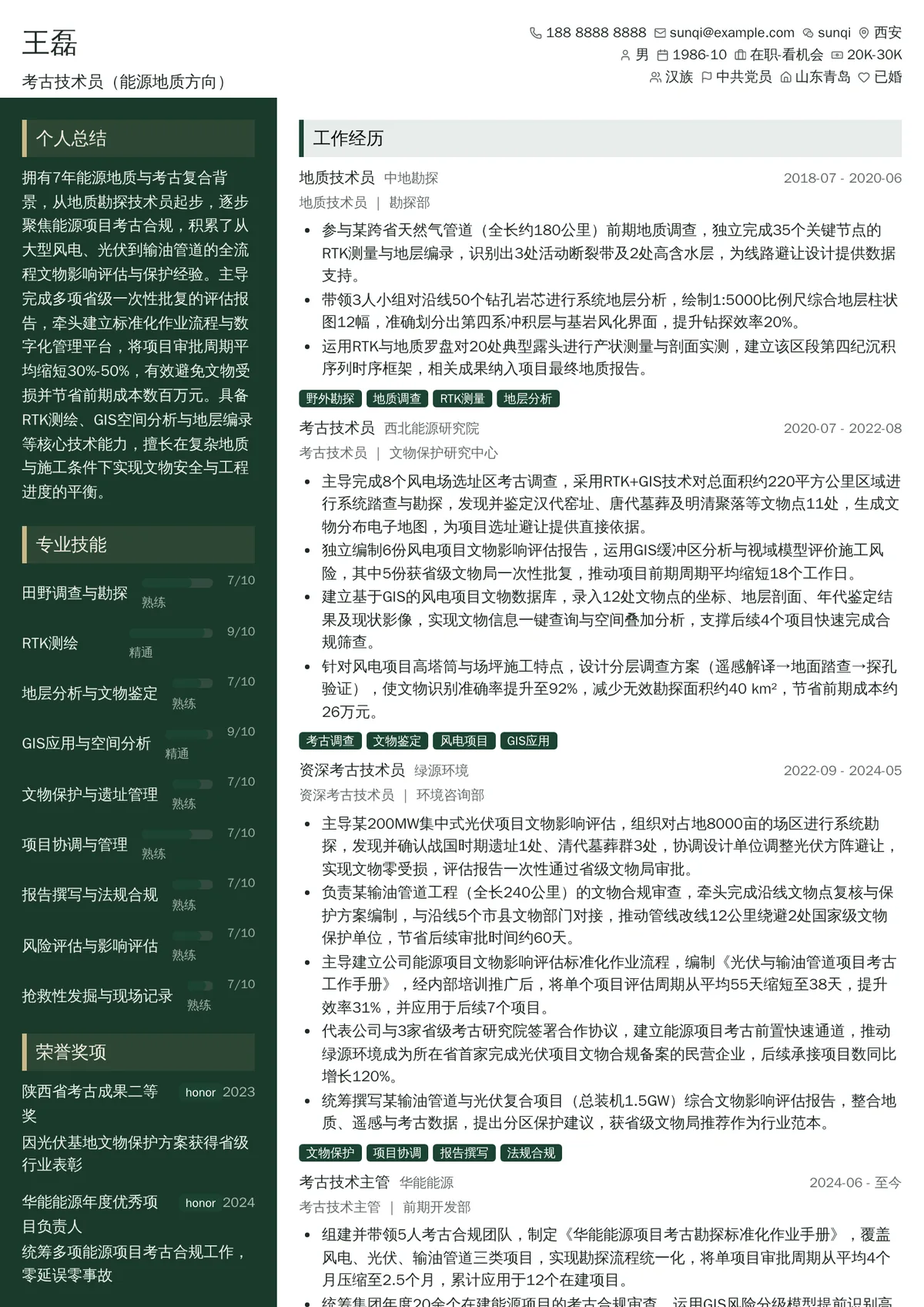 2026年最新资深考古技术员（能源地质方向）简历模板
