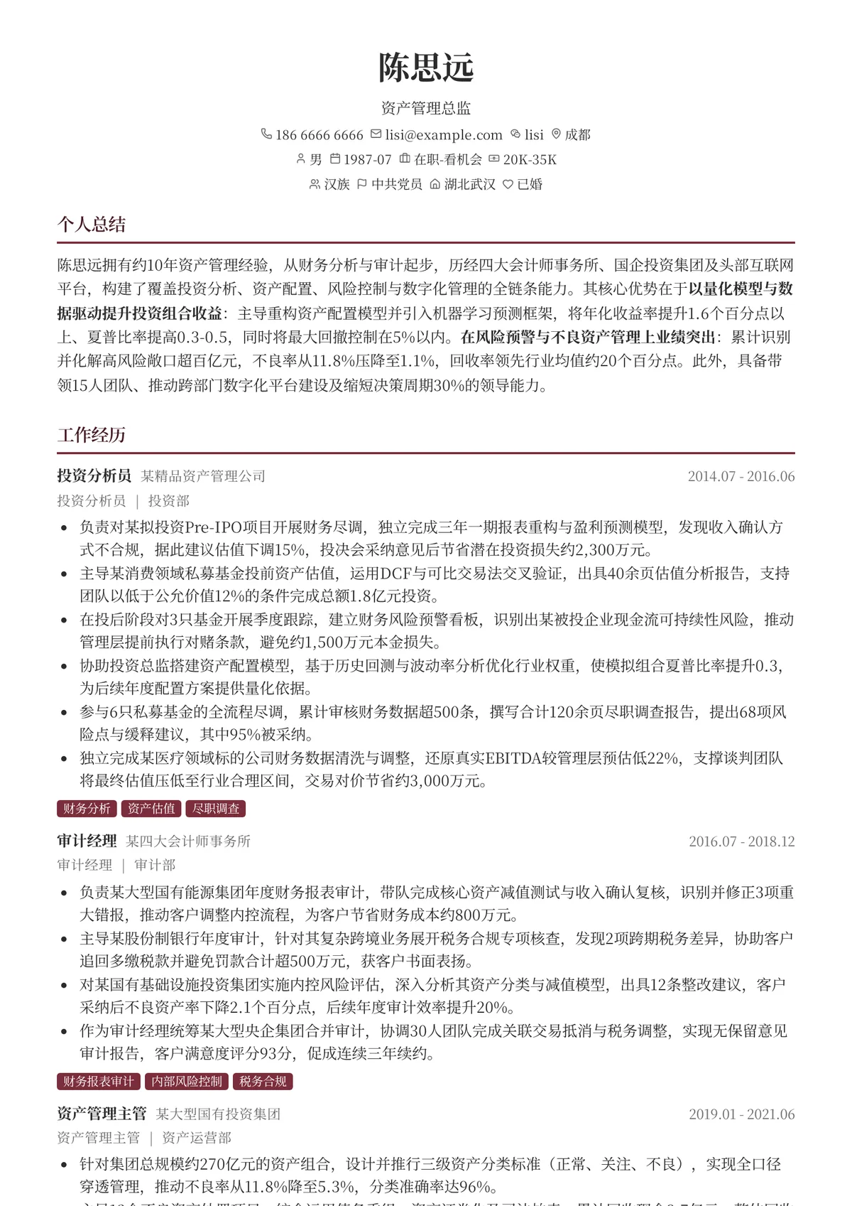 2026年最新资产管理总监简历模板