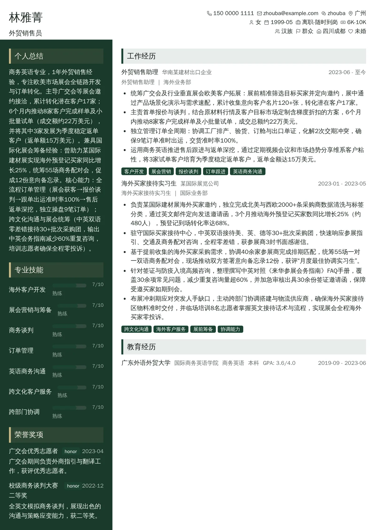 2026年最新初级外贸销售员简历模板