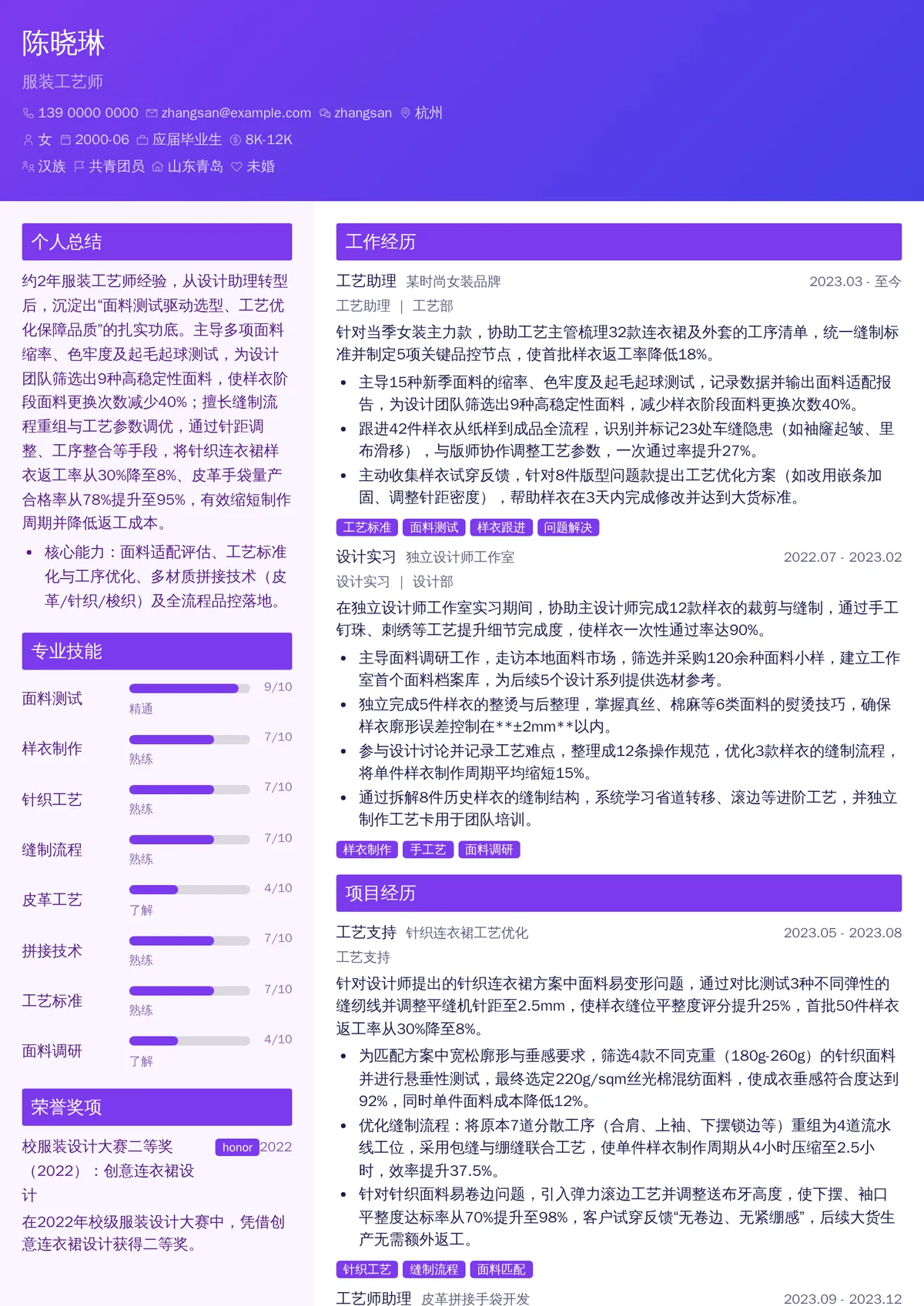 2026年最新初级服装工艺师简历模板