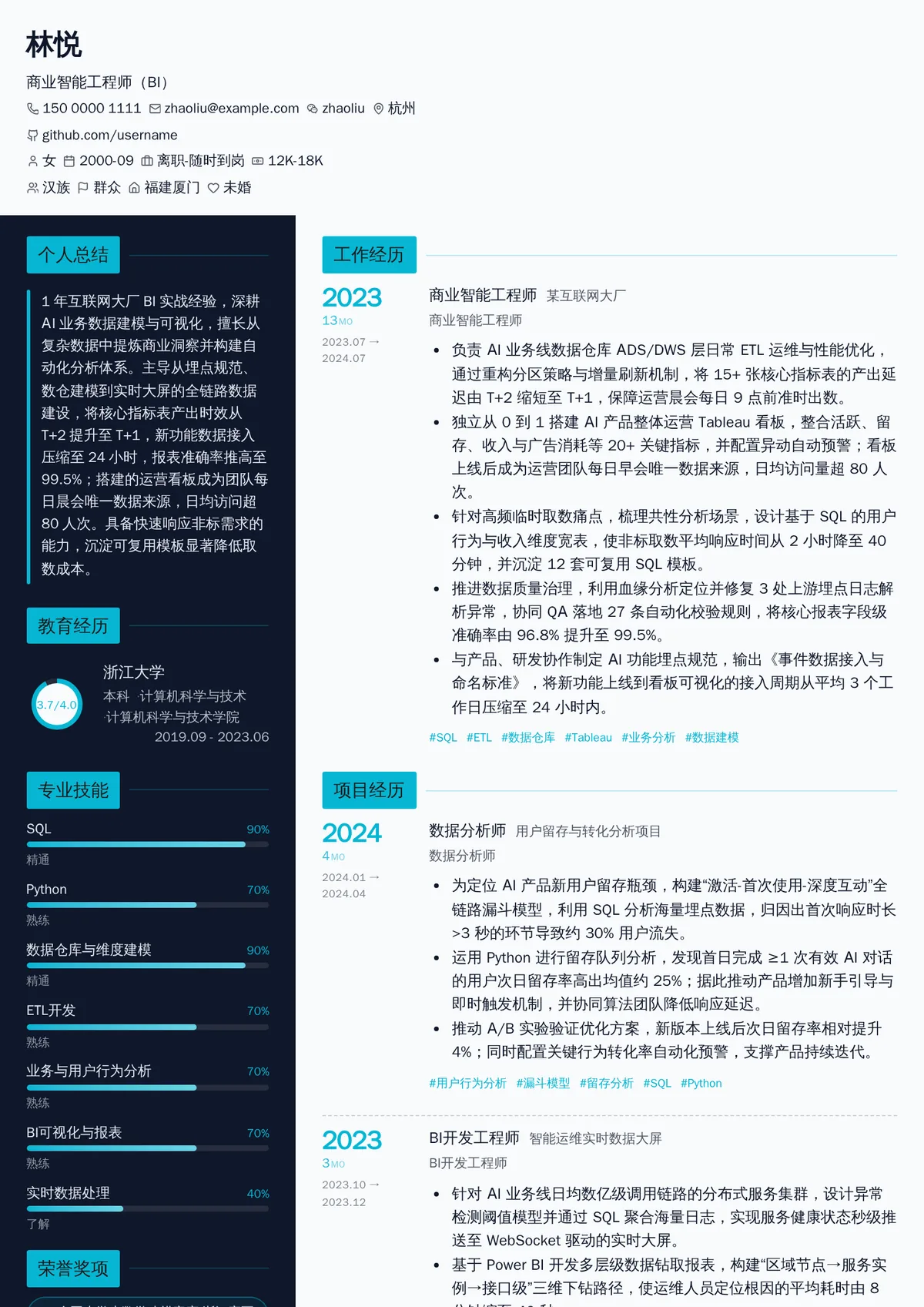 2026年最新初级商业智能工程师（BI）简历模板
