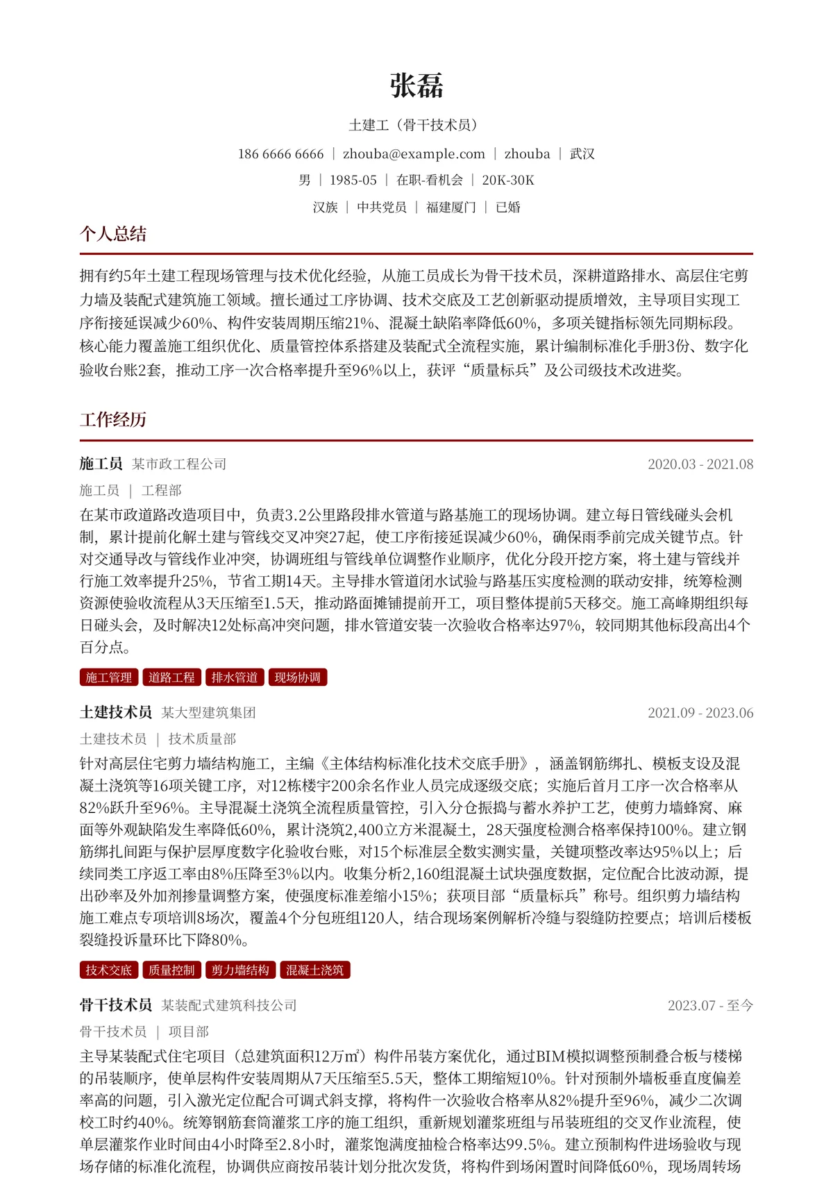 2026年最新土建工（骨干技术员）简历模板