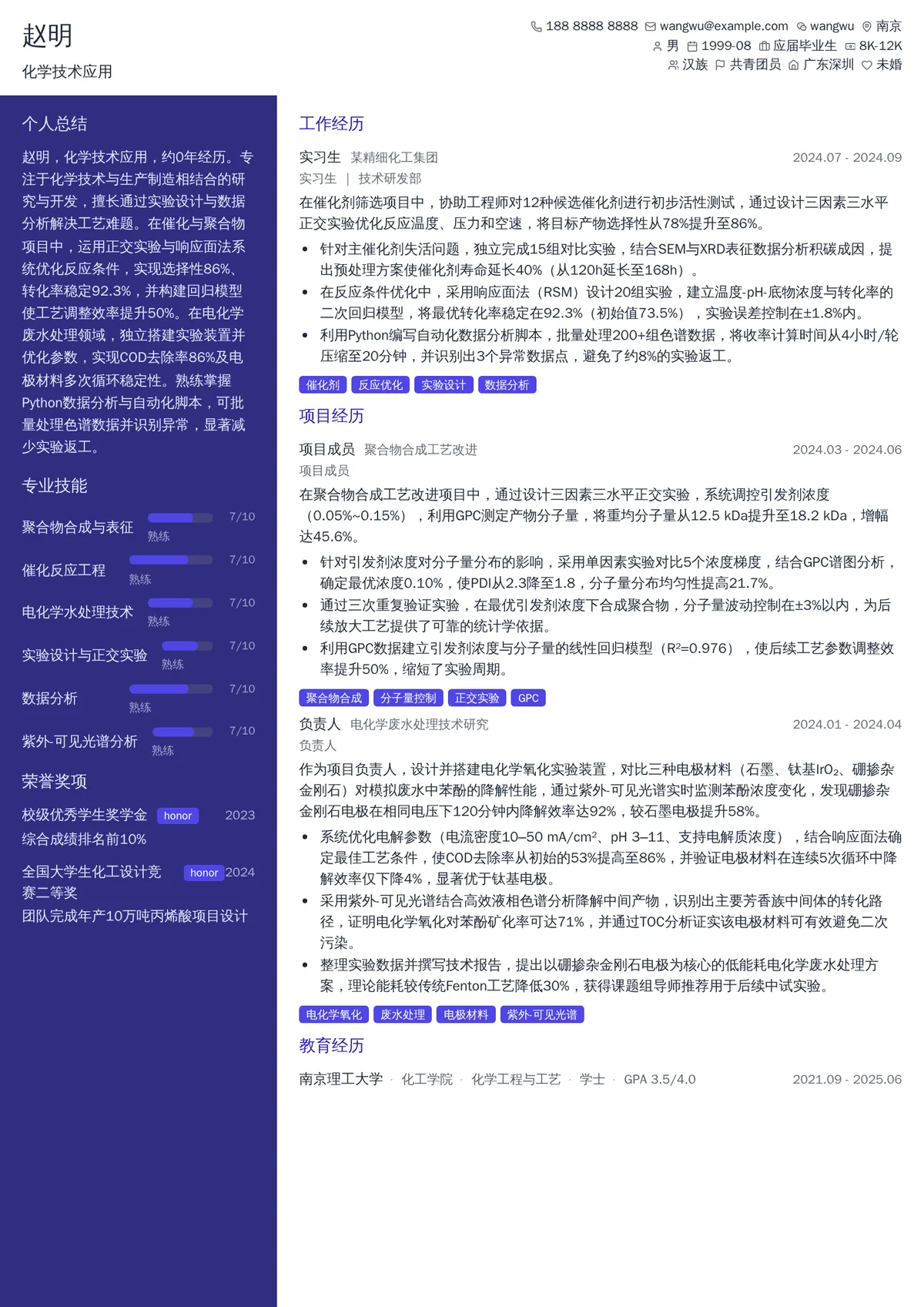 2026年最新实习化学技术应用简历模板