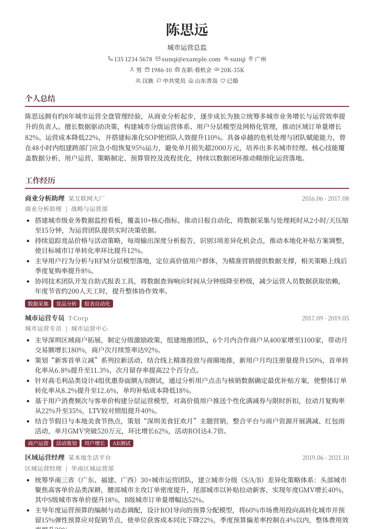 2026年最新城市运营总监简历模板