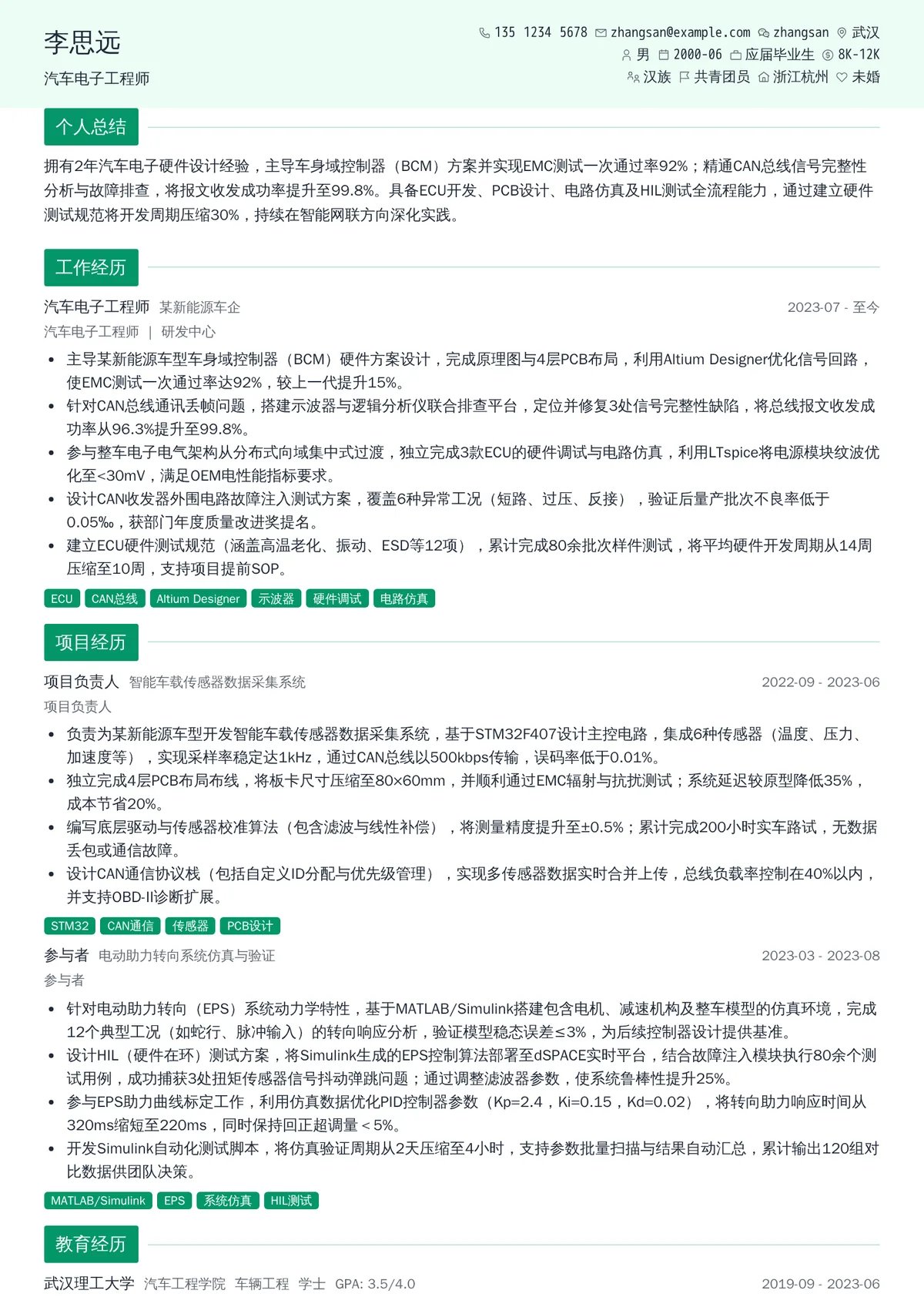 2026年最新初级汽车电子工程师简历模板