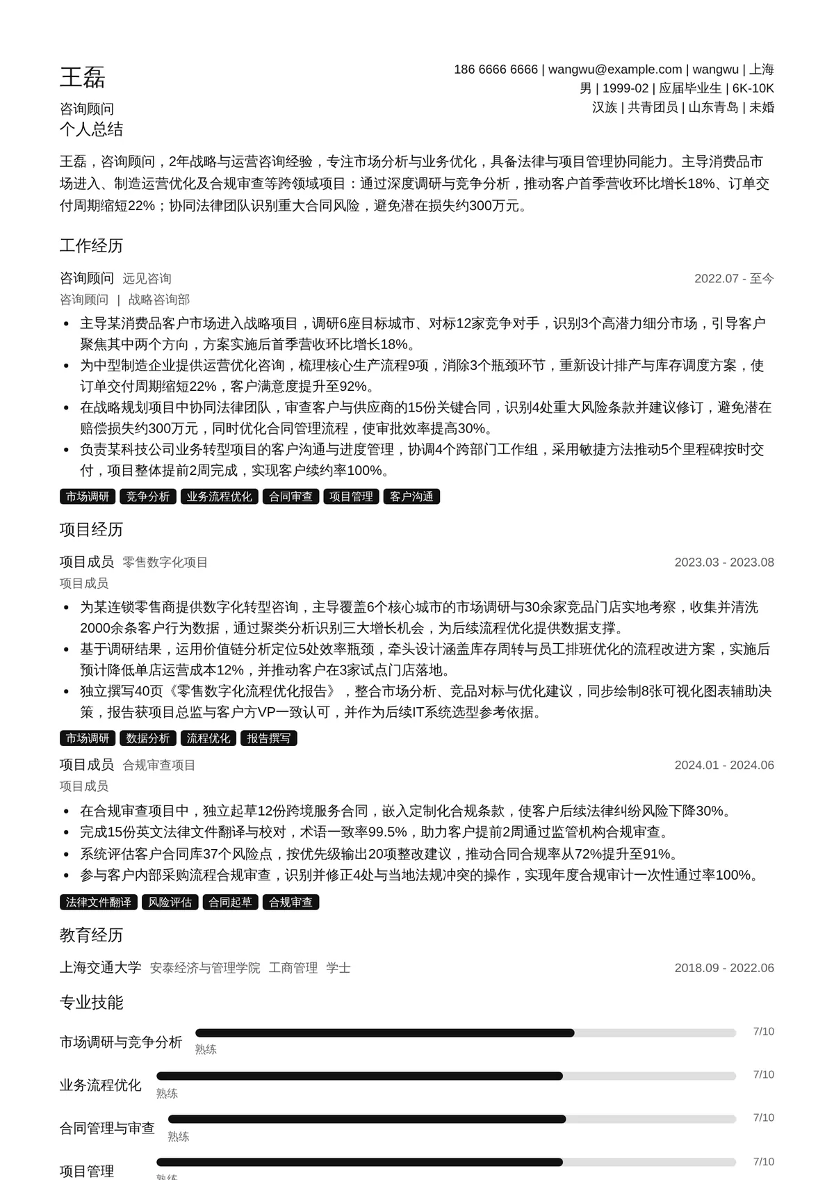 2026年最新初级咨询顾问简历模板