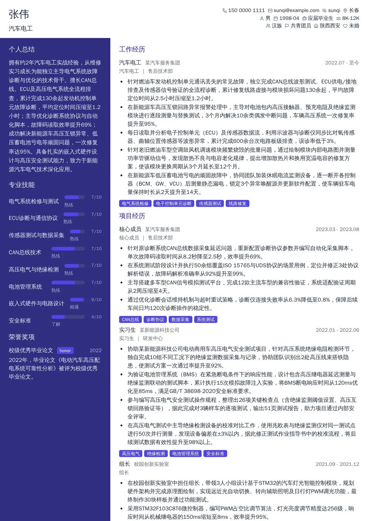 2026年最新初级汽车电工简历模板