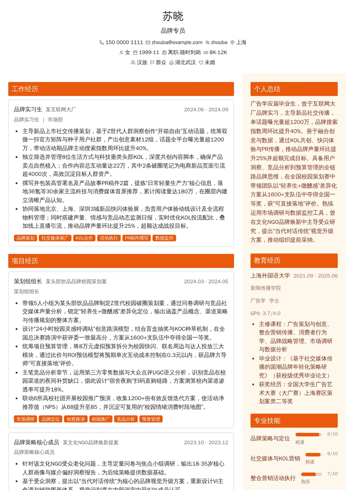 2026年最新实习品牌专员简历模板