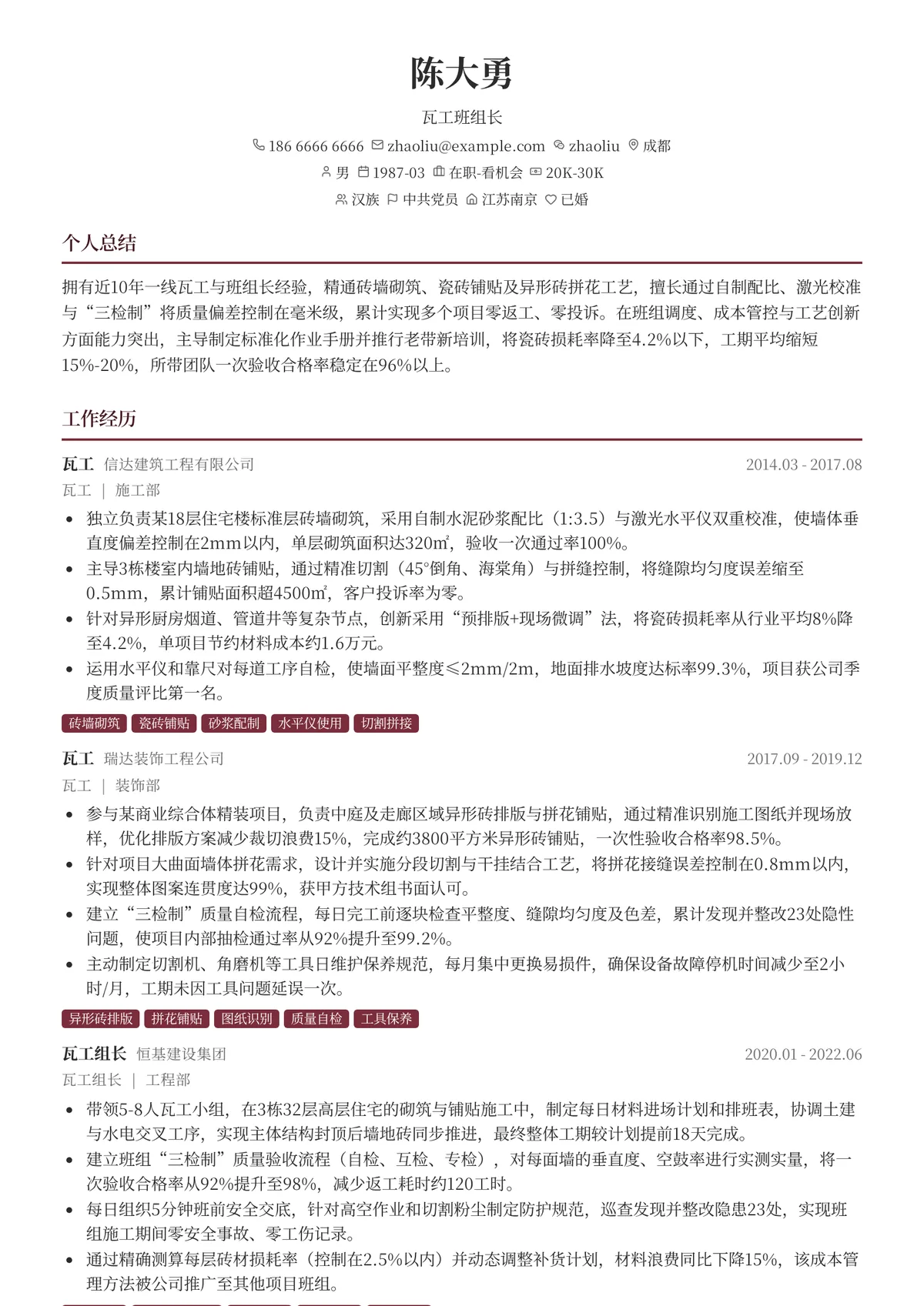 2026年最新资深瓦工班组长简历模板