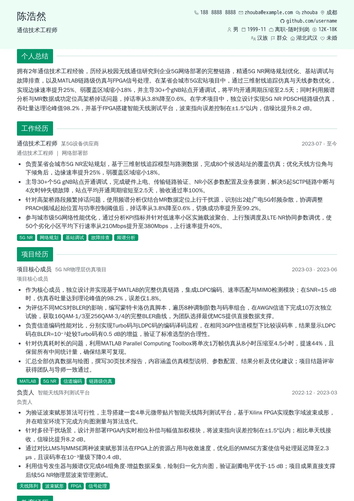 2026年最新初级通信技术工程师简历模板