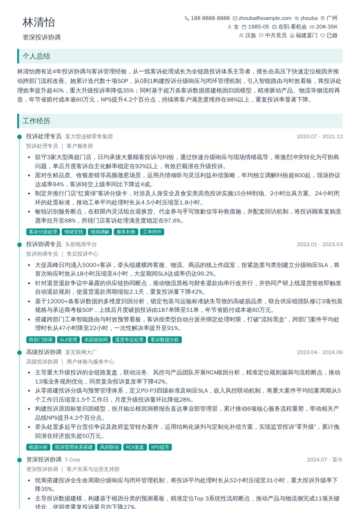 2026年最新资深投诉协调简历模板