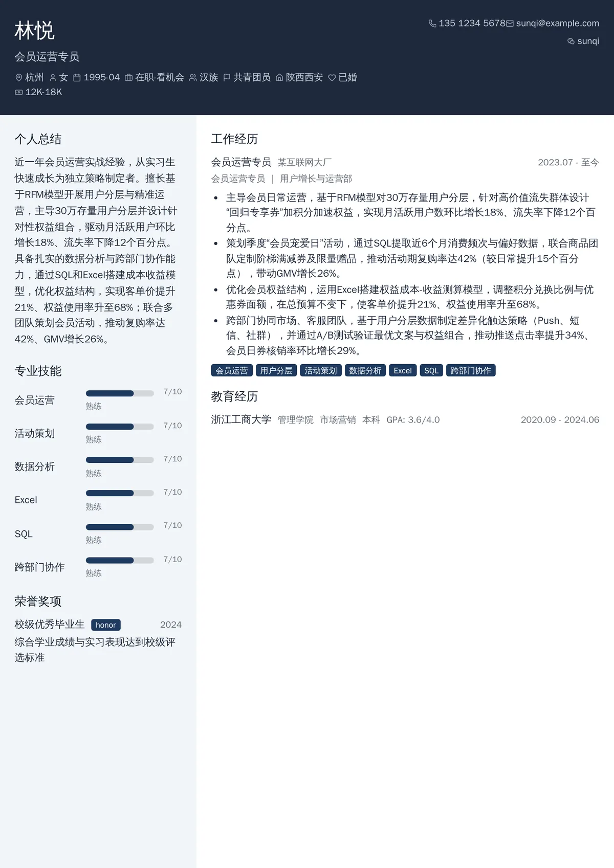 2026年最新会员运营专员简历模板
