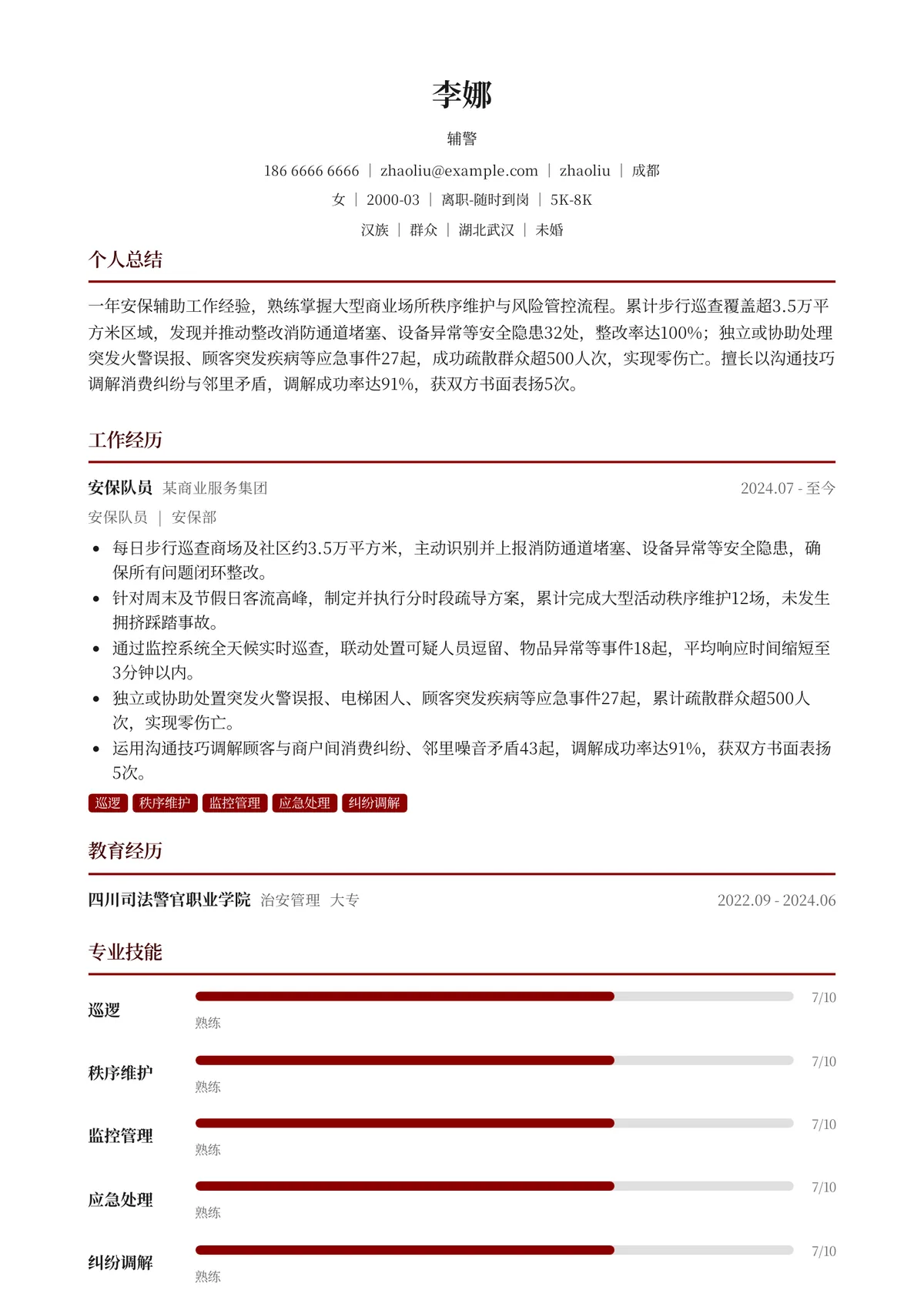 2026年最新初级辅警简历模板