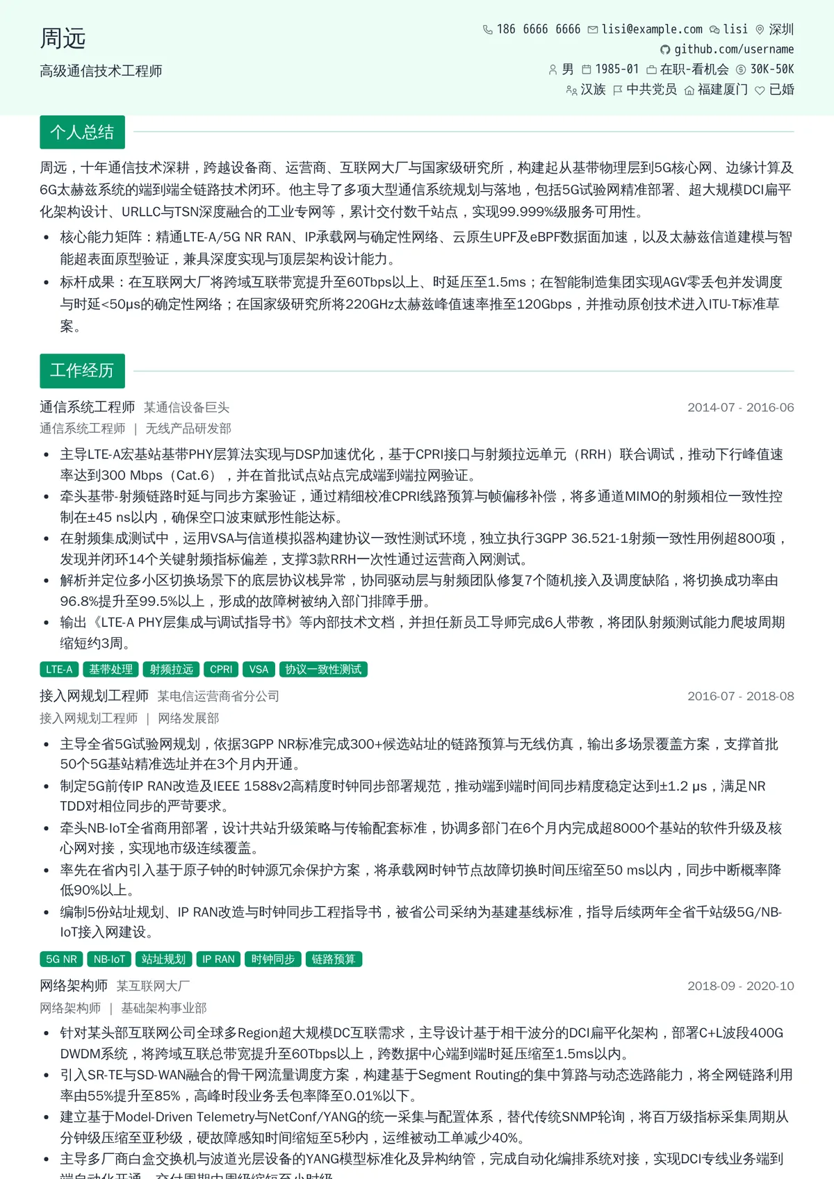 2026年最新高级通信技术工程师简历模板