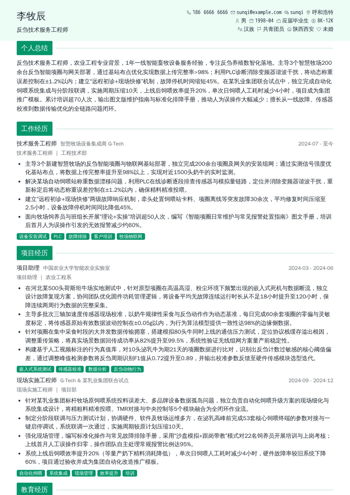 2026年最新初级反刍技术服务工程师简历模板