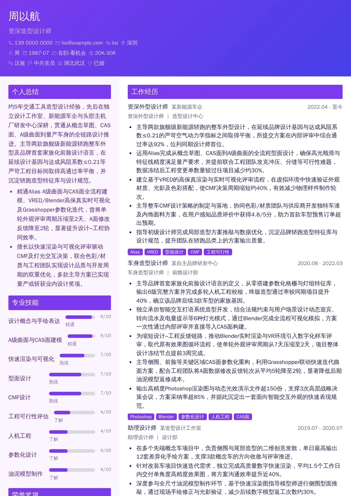 2026年最新资深造型设计师简历模板