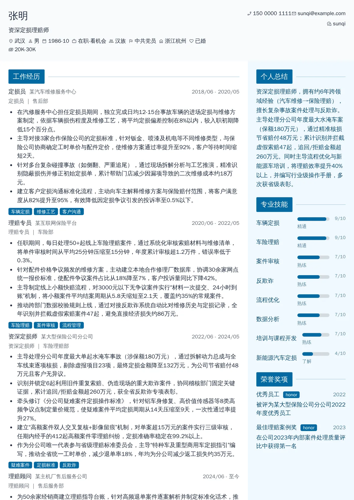 2026年最新资深定损理赔师简历模板