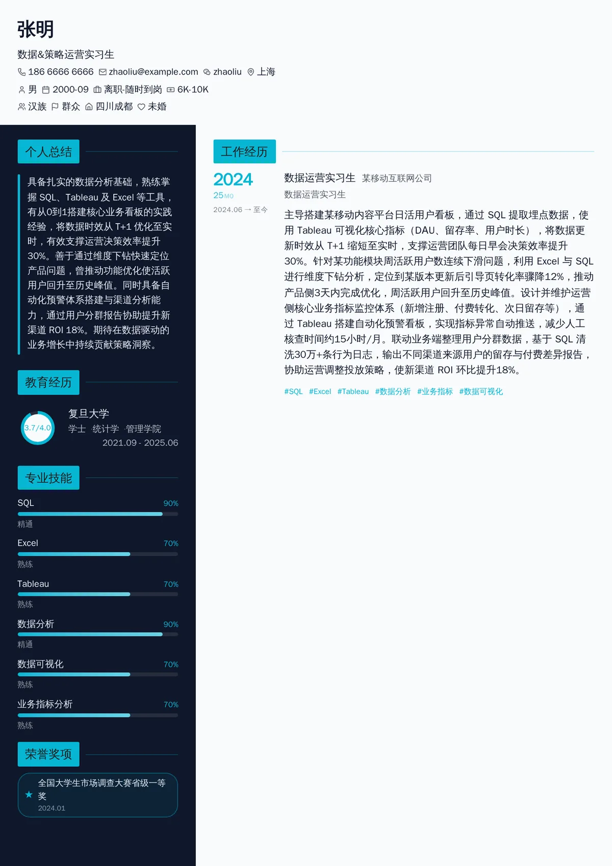 2026年最新数据&策略运营实习生简历模板