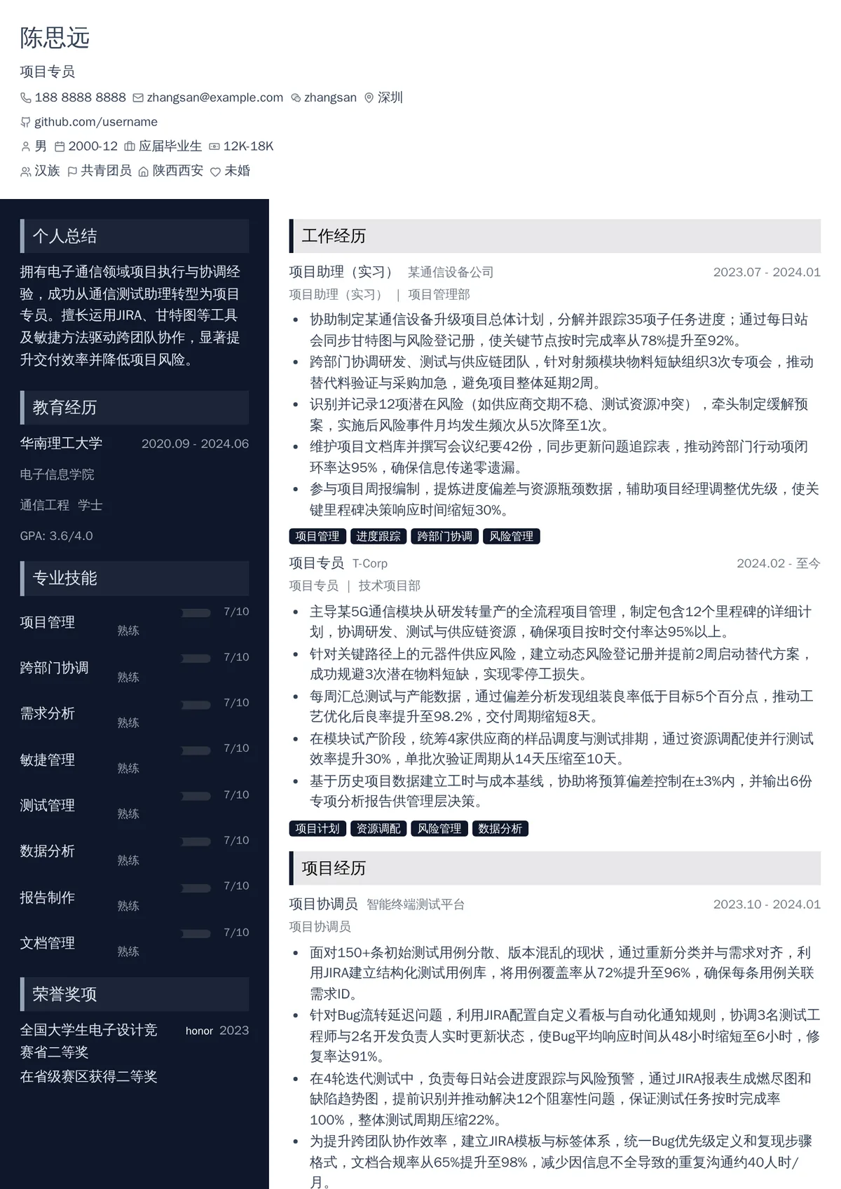 2026年最新初级项目专员简历模板