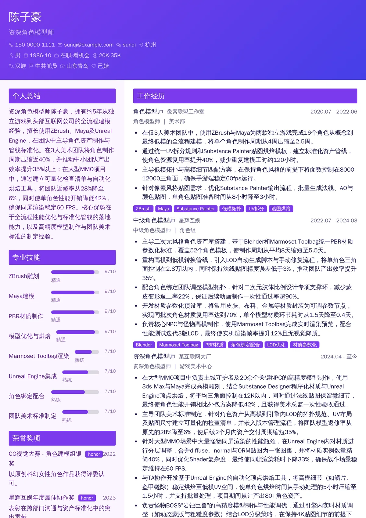 2026年最新资深角色模型师简历模板