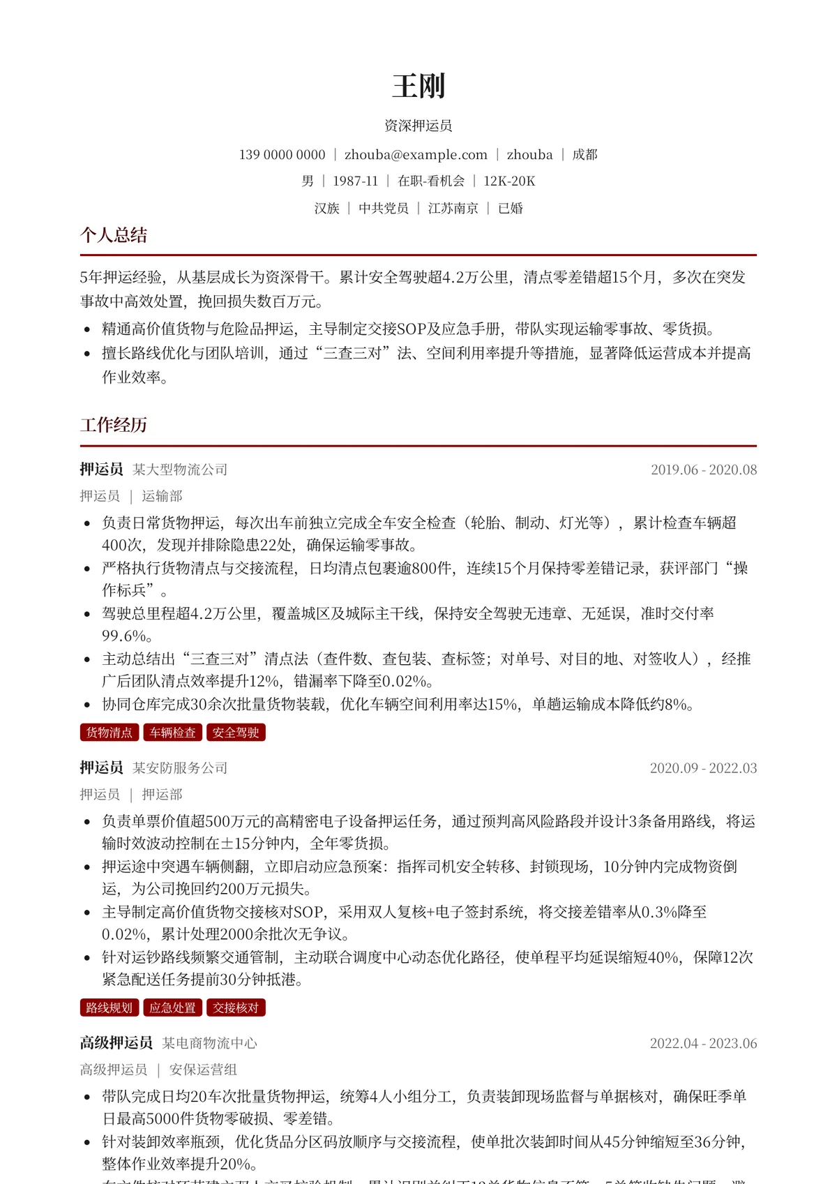 2026年最新资深押运员简历模板