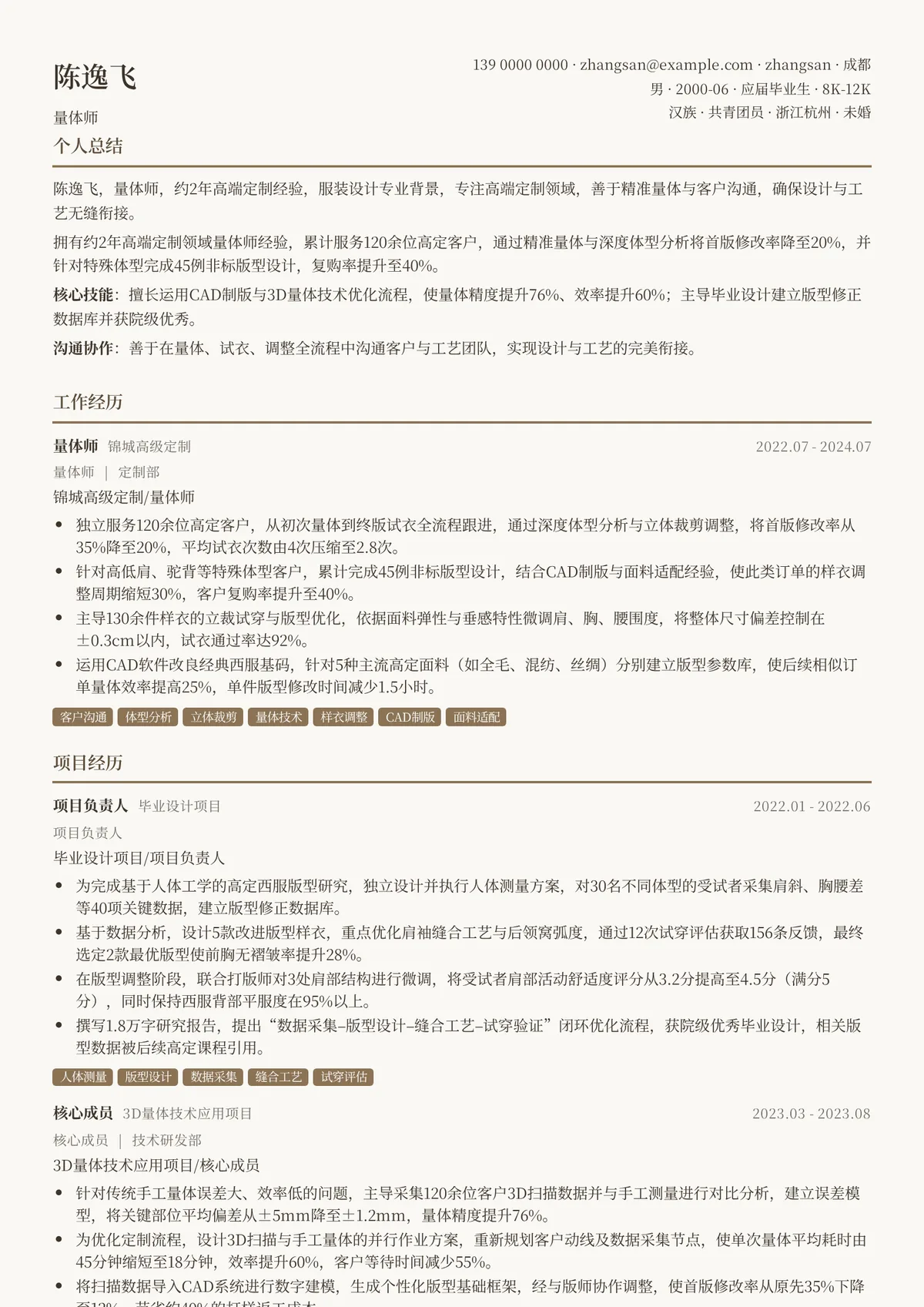 2026年最新初级量体师简历模板