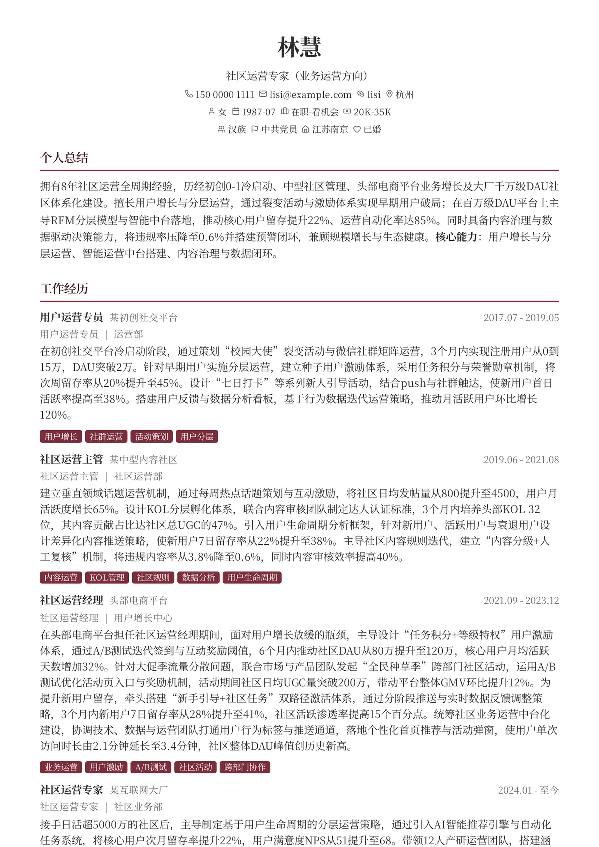 2026年最新社区运营专家（业务运营方向）简历模板