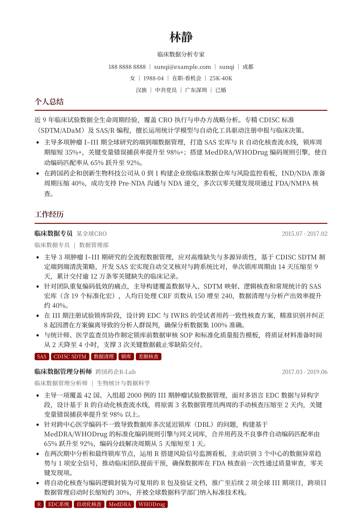2026年最新临床数据分析专家简历模板