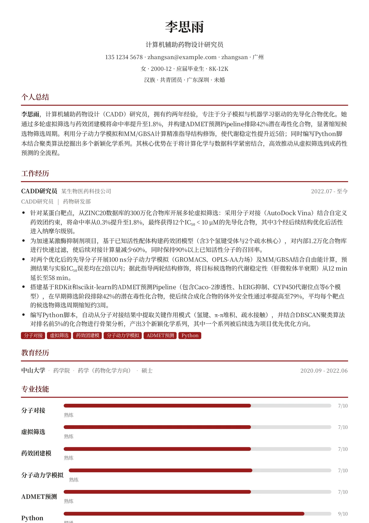 2026年最新初级计算机辅助药物设计研究员简历模板