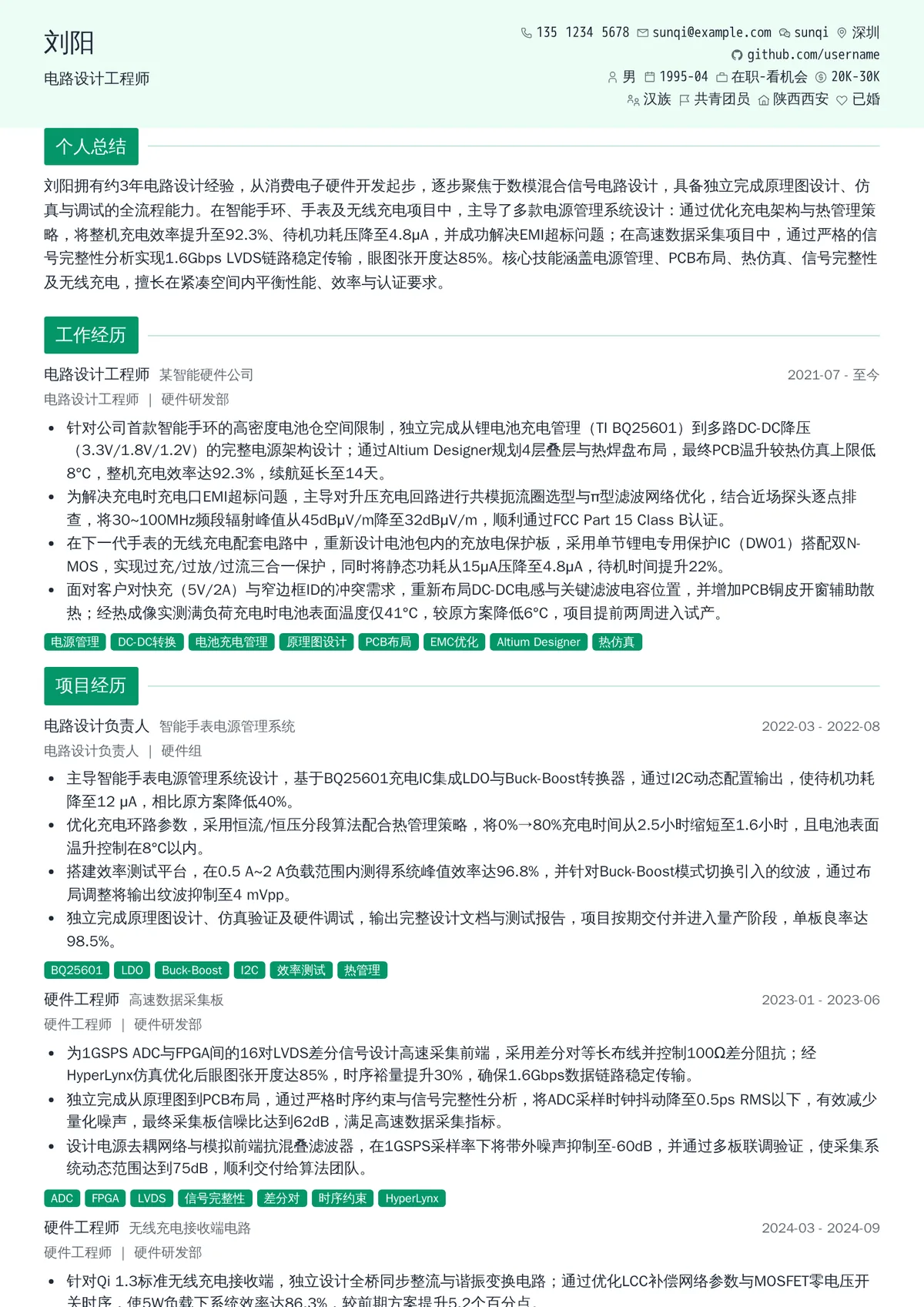 2026年最新中级电路设计工程师简历模板