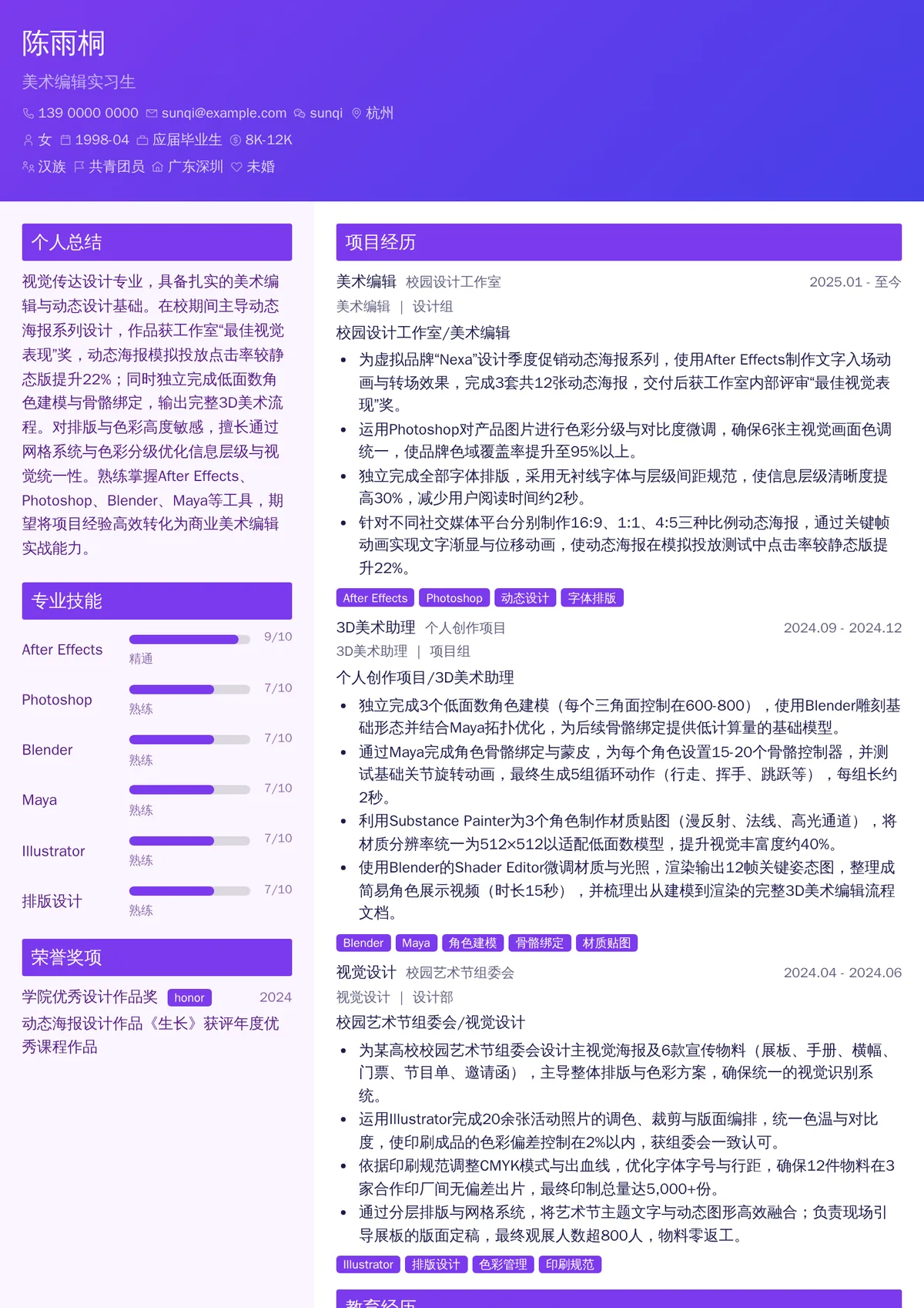 2026年最新美术编辑实习生简历模板