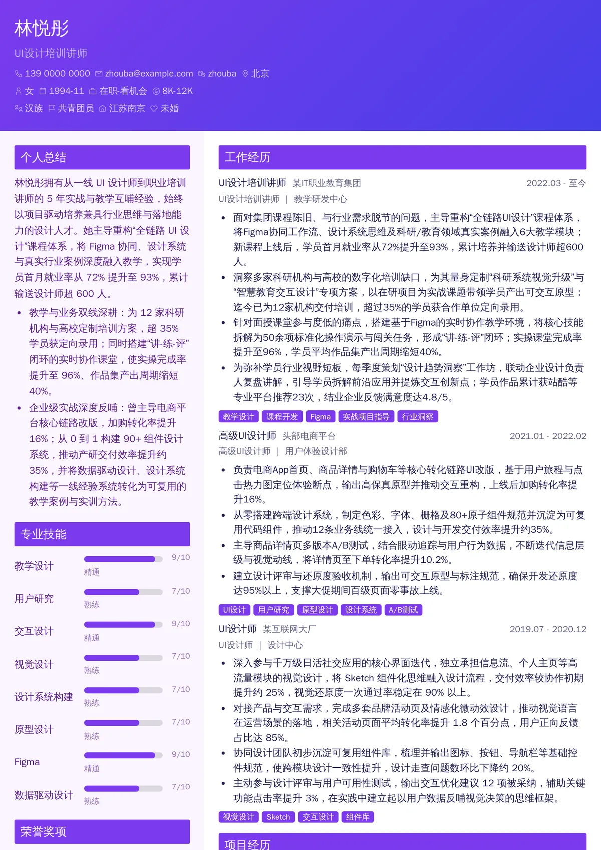 2026年最新UI设计培训讲师简历模板