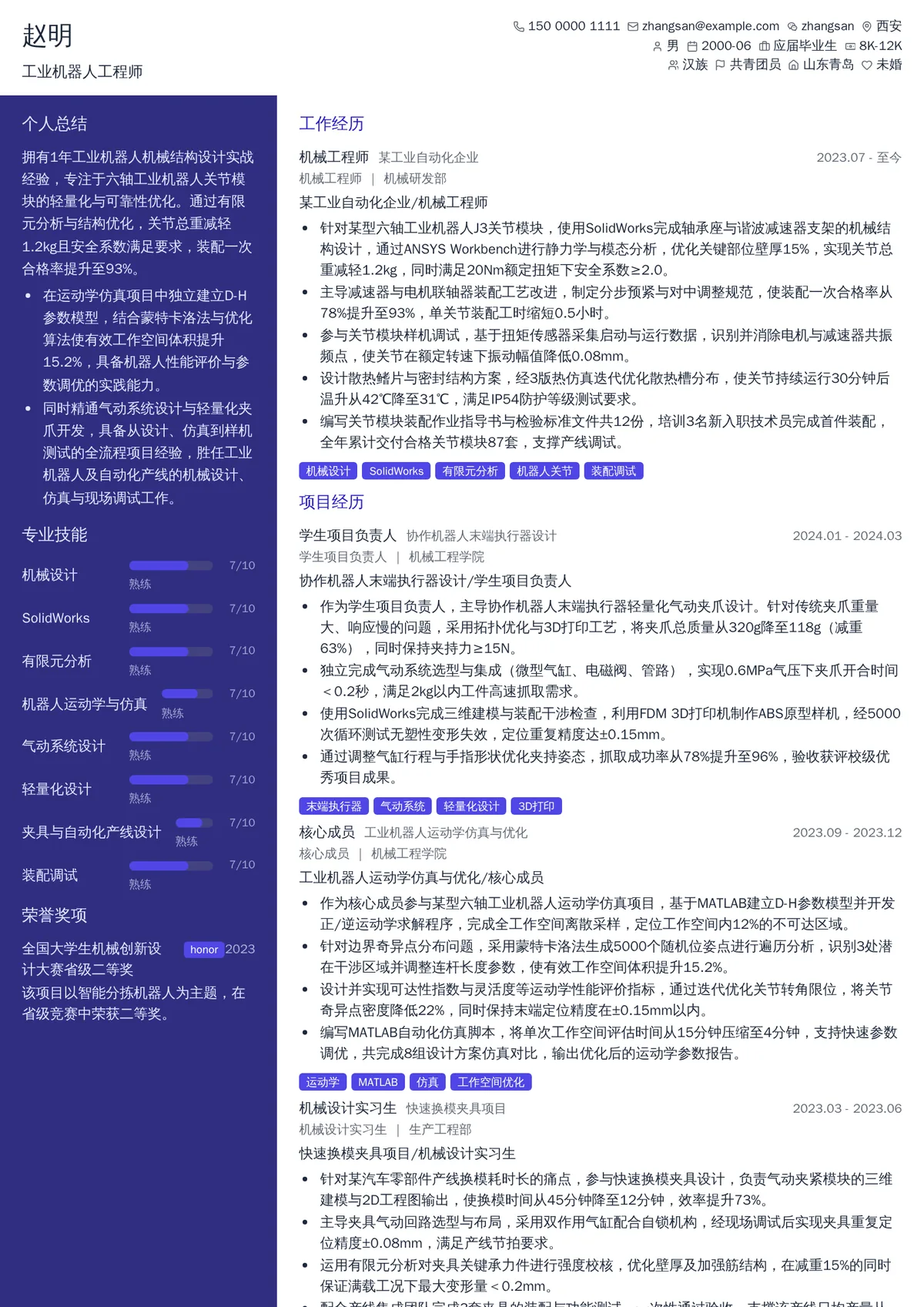 2026年最新初级工业机器人工程师简历模板