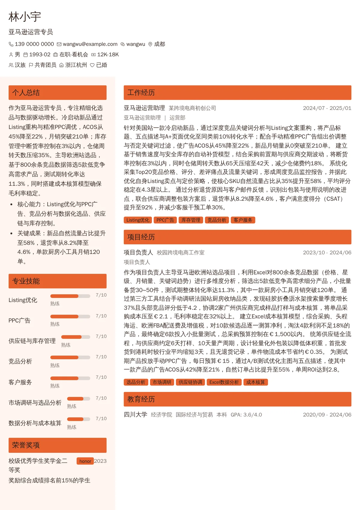 2026年最新亚马逊运营专员简历模板